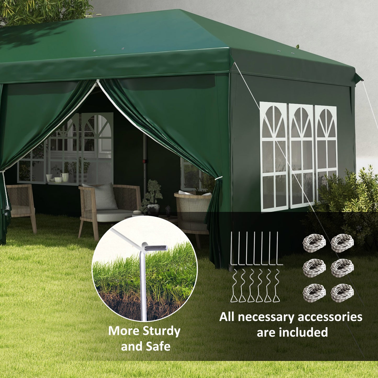 Outsunny 3 x 6 m Garden Pop Up Gazebo, Wedding Party Tent Marquee, Water Resistant Awning Canopy With Sidewalls, Windows, Drainage Holes, Carry Bag, Green