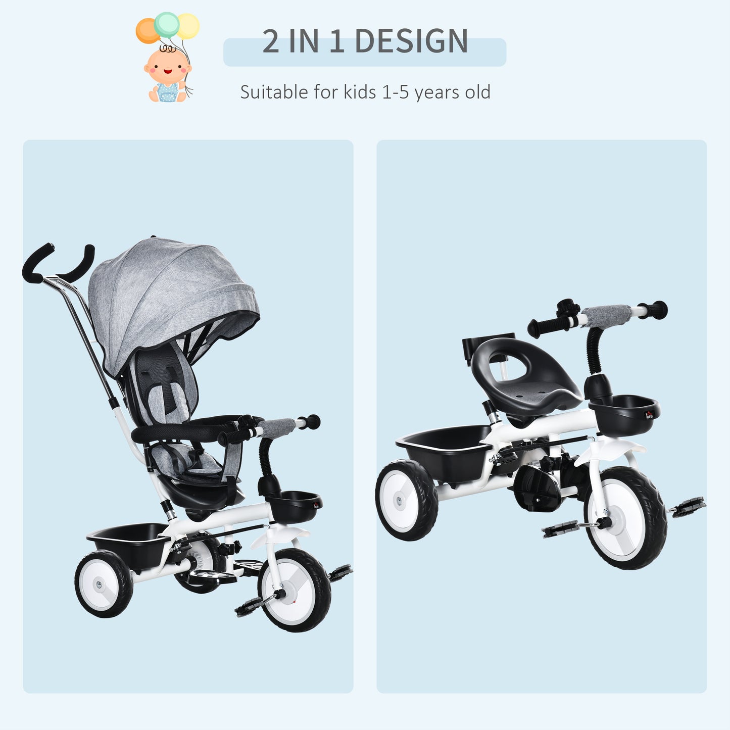 HOMCOM 6 in 1 Baby Tricycle Toddler Stroller Pedal Tricycle w/ Reversible Seat Adjustable Removable Handle Canopy Handrail Belt for 1-5 Years Old Grey