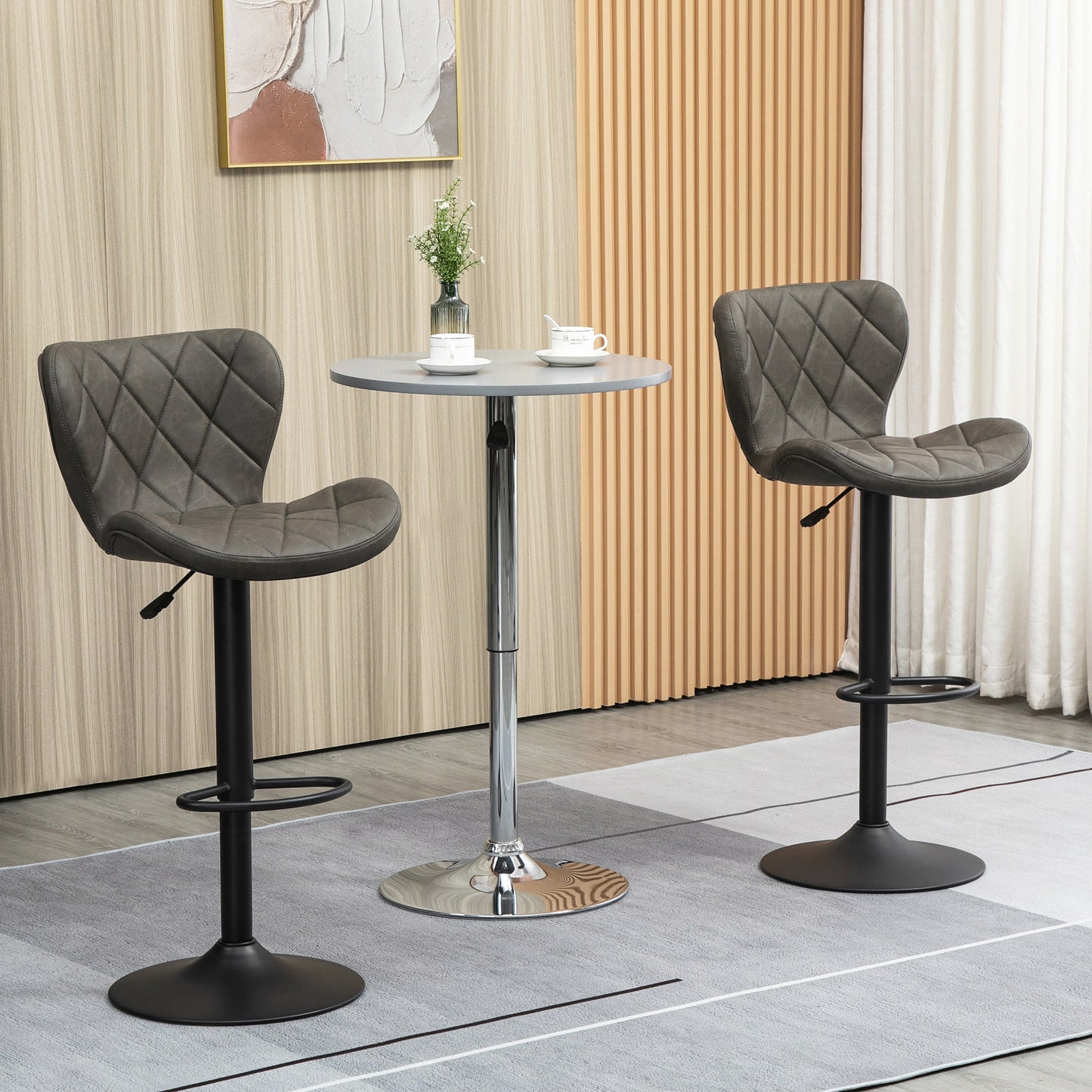 HOMCOM Adjustable Height Bar Stools Set of 2, Swivel Barstools with Backrest and Footrest, Steel Frame Diamond Pattern PU, for Kitchen Counter Dining Room, Dark Grey