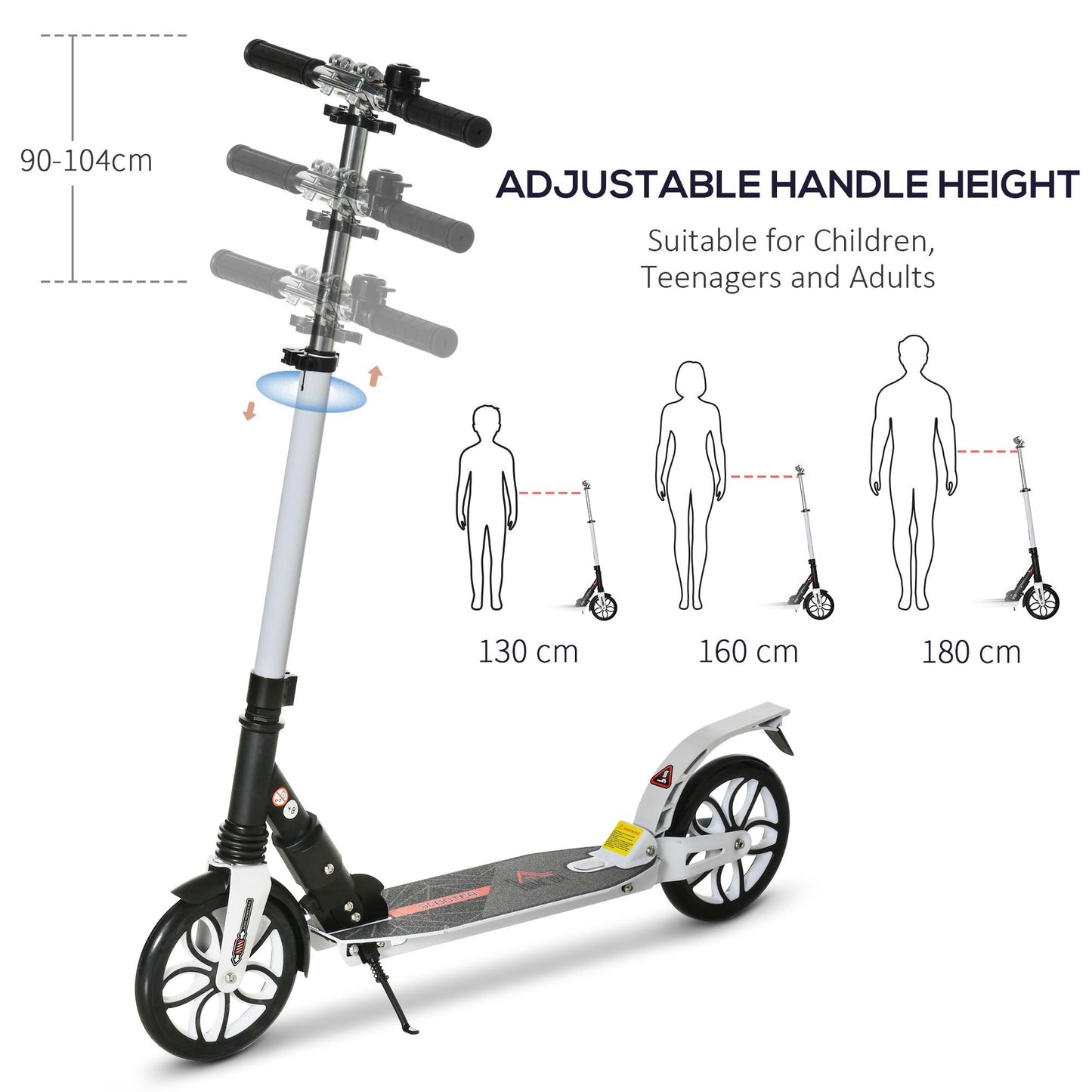 HOMCOM Folding Kick Scooter, Hight-Adjustable Urban Scooter w/ Rear Brake, Double Shock Absorption System, Warning Bell For 14+ Teens Adult, White