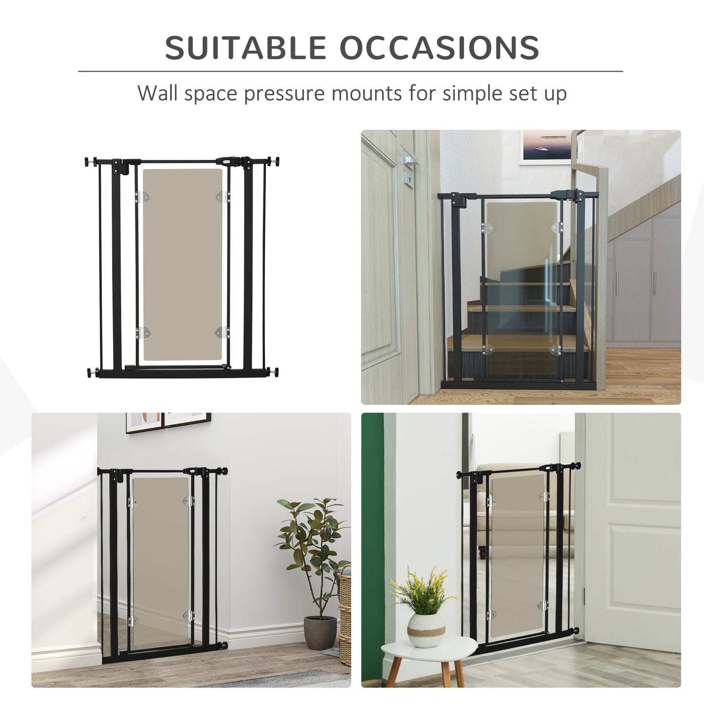 PawHut Pressure Fit Pet Safety Gate, Auto-Close Dog Barrier Stairgate, Double Locking, Acrylic Panel, for Doors, Hallways, Staircases, Openings 76-82 cm, Black Pressure-Mounted Adjustable