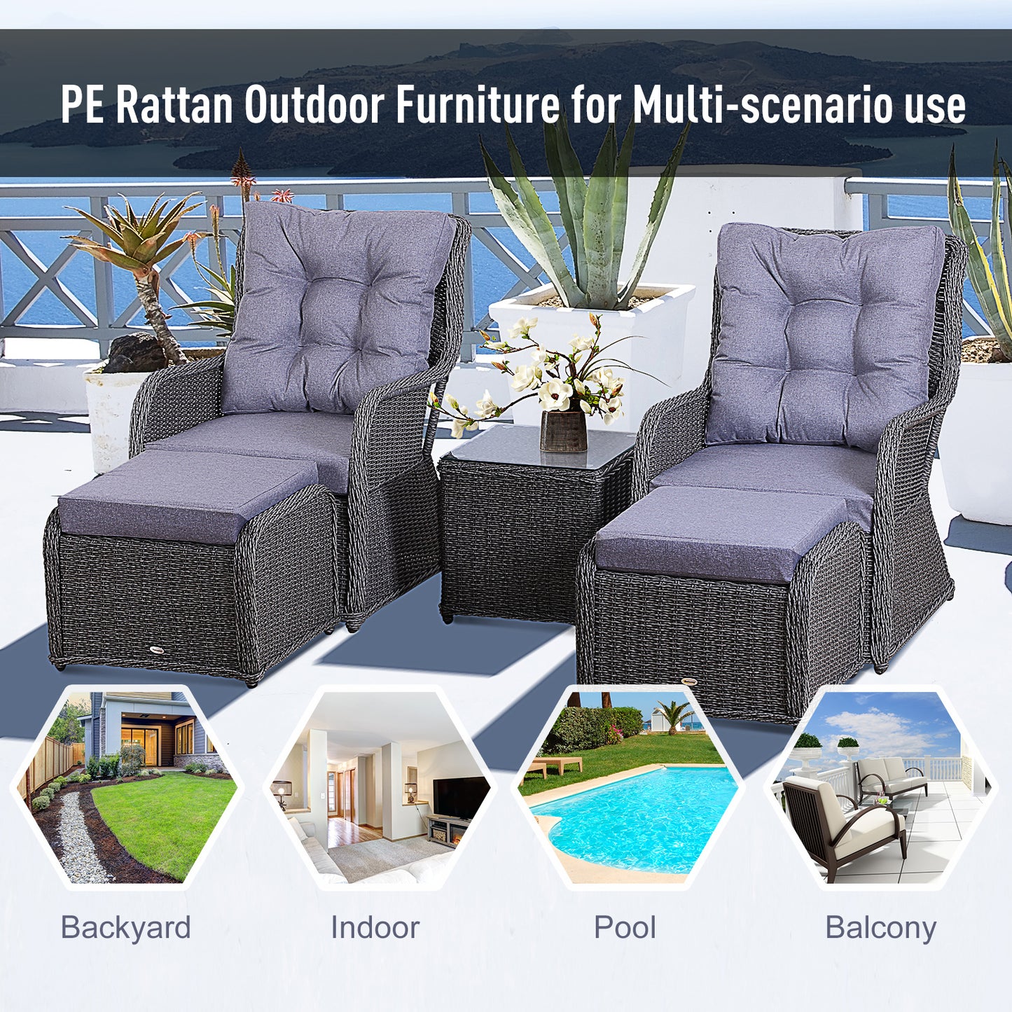 Outsunny Deluxe 2-Seater Rattan Armchair & Table Set Grey