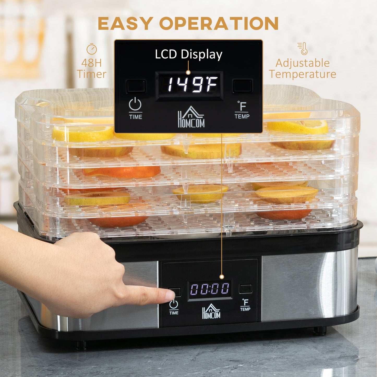 HOMCOM 5 Tier Food Dehydrator, 245W Stainless Steel Food Dryer Machine with Adjustable Temperature, Timer and LCD Display for Drying Fruit, Meat, Vegetable, Jerky and Pet Treat, Silver