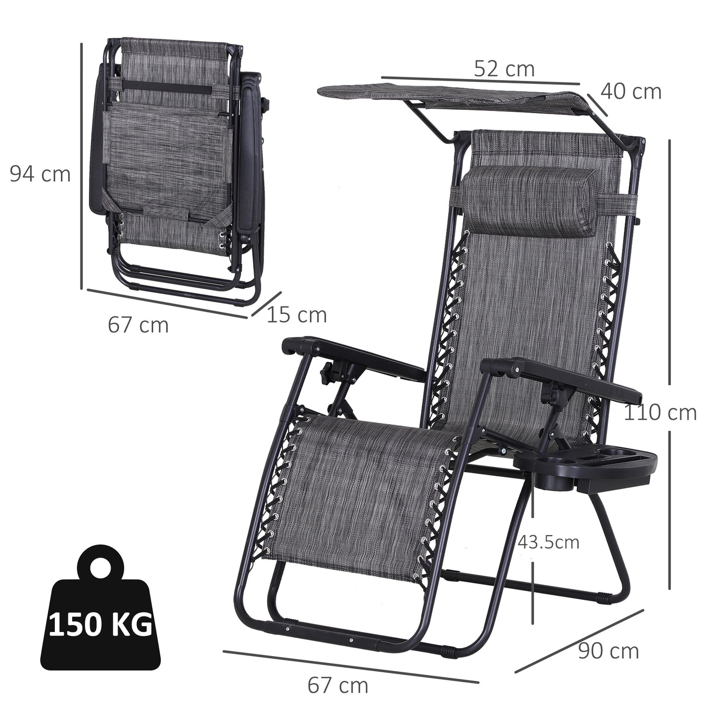 Outsunny Steel Frame Zero Gravity Outdoor Garden Deck Chair w/ Canopy Grey