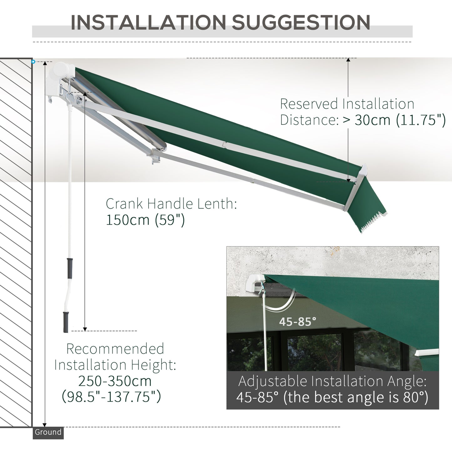 Outsunny 4x2.5m Manual Awning Window Door Sun Weather Shade w/ Handle Green