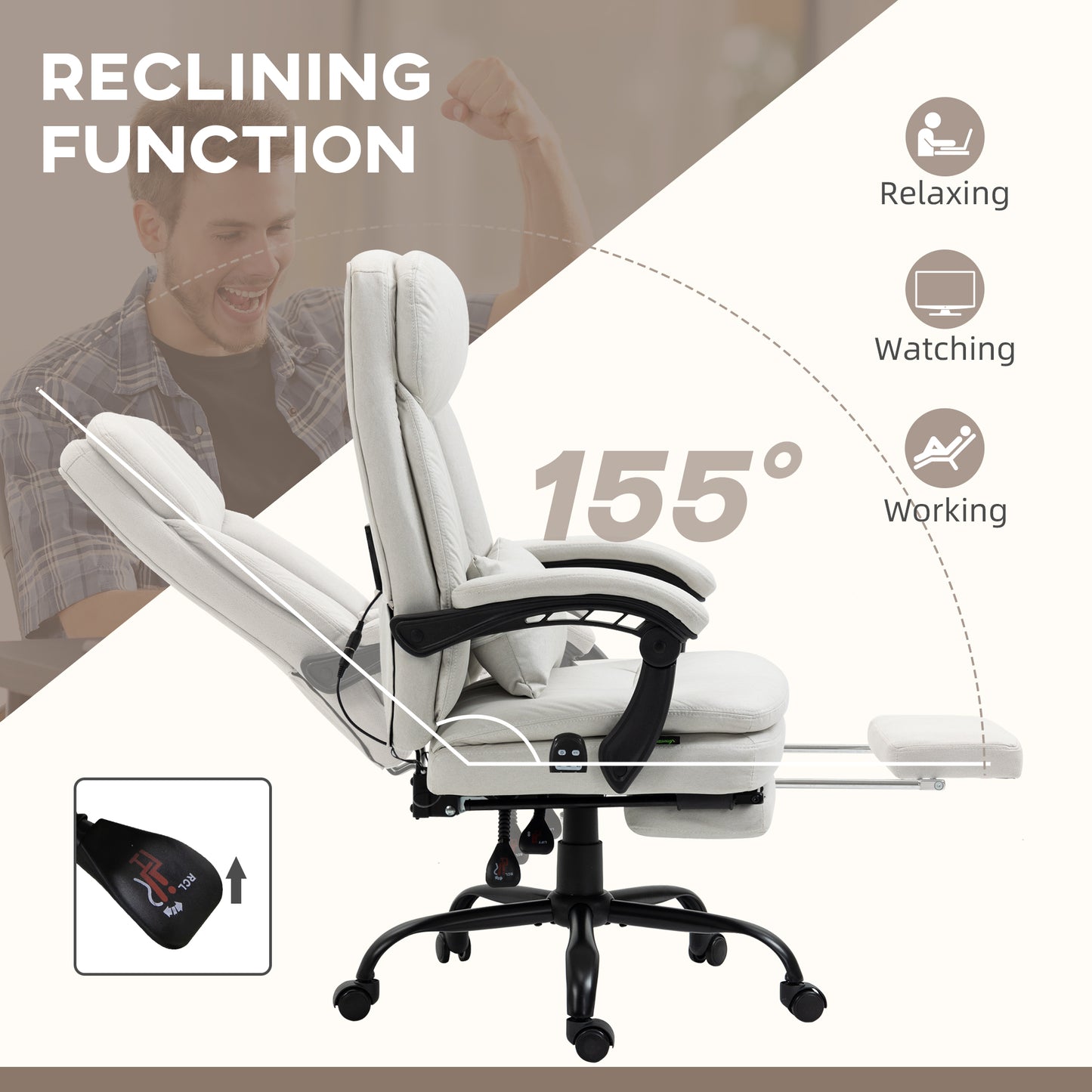 Vinsetto Office Chair Ergonomic Desk Chair with 6Point Vibration Massage and Lumbar Heating Computer Chair with Lumbar Support Pillow 155° Reclining Back and Footrest Cream White