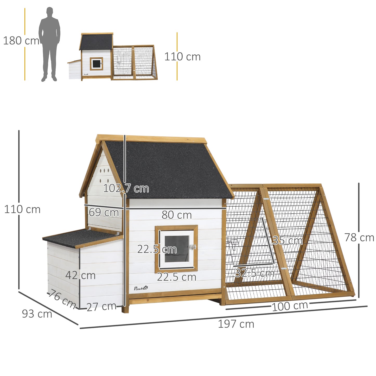 PawHut Chicken Coop, Hen House, Wooden Poultry Cage with Outdoor Run, Nesting Box, Removable Tray, Window and Lockable Door, 197 x 93 x 110cm