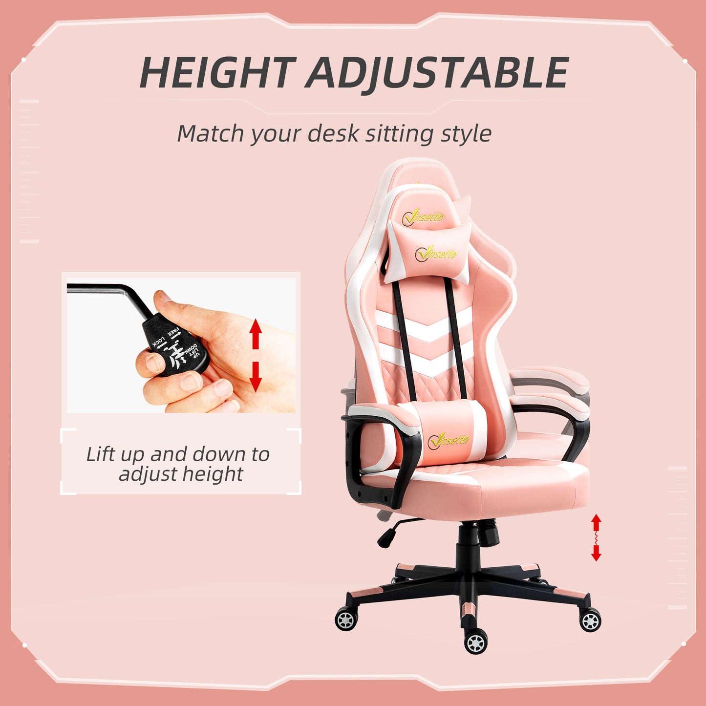 Vinsetto Racing Gaming Chair with Lumbar Support, Head Pillow, Swivel  Wheels, High Back Recliner Gamer Desk, Pink