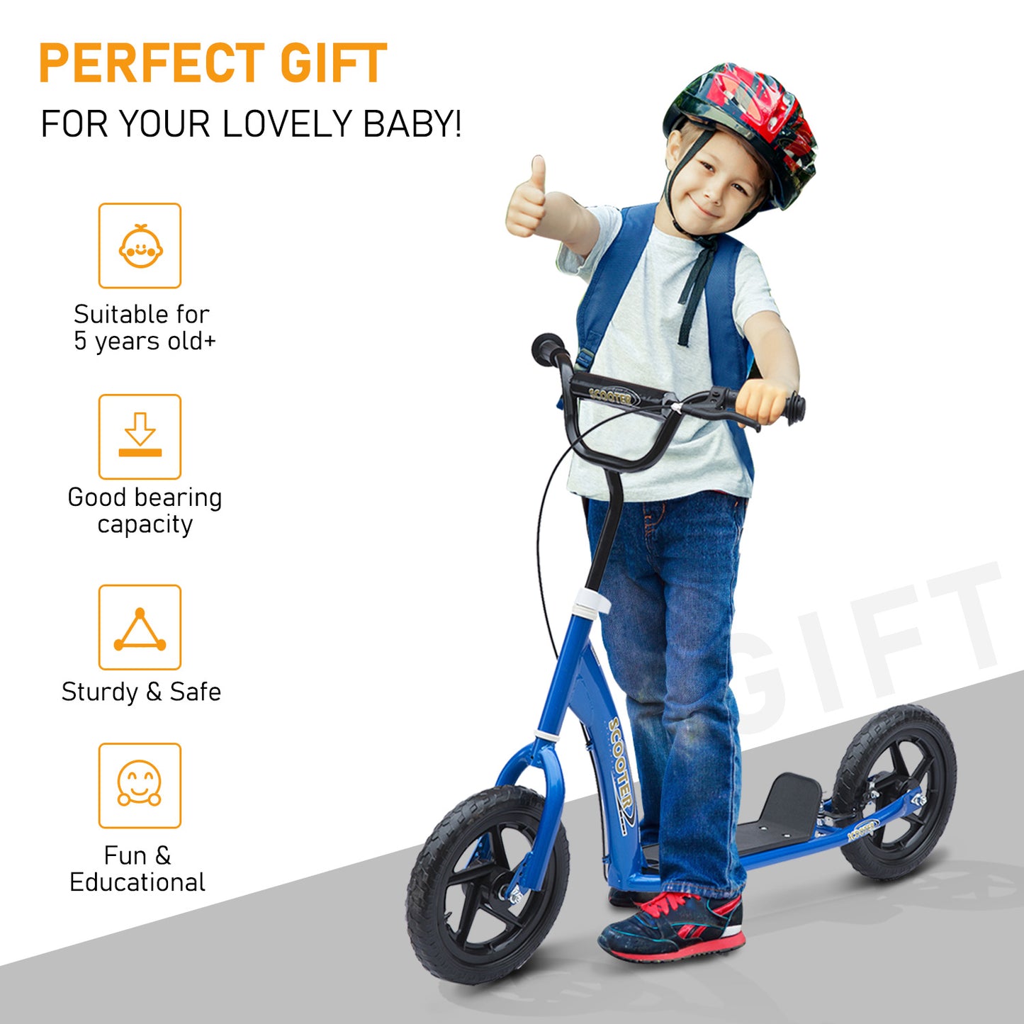 HOMCOM Teen Push Scooter Kids Children Stunt Scooter Bike Bicycle Ride On 12" EVA Tyres, Blue