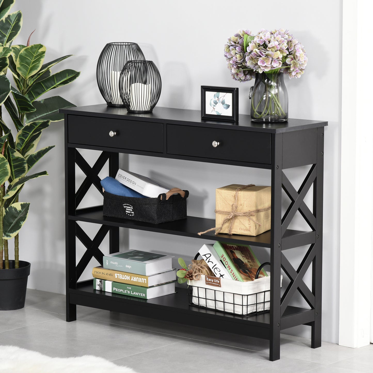 HOMCOM Console Table Sofa Side Desk with Storage Shelves Drawers X Frame for Living Room Entryway Bedroom Black w/
