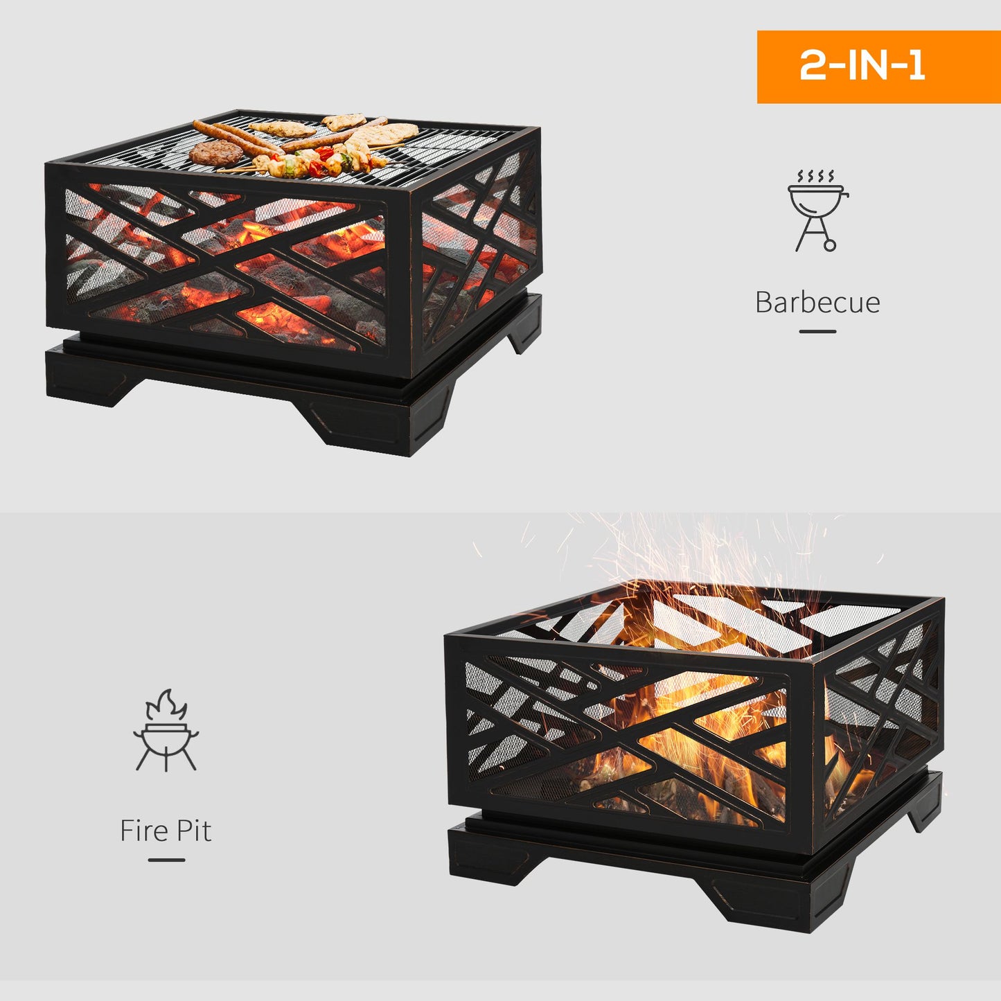 Outsunny Outdoor Square Fire Pit Patio Metal Brazier w/ Grill Net Mesh Cover Poker 66cm