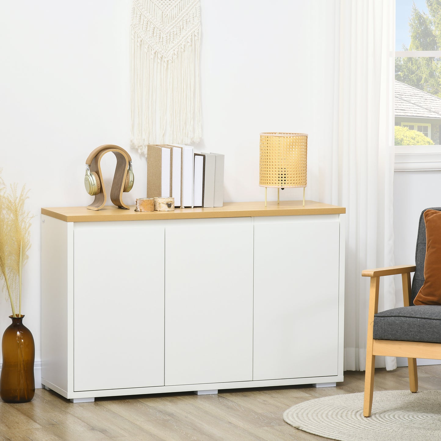 HOMCOM Kitchen Sideboard, Storage Cabinet with Three Doors and Adjustable Shelves for Living Room, Entryway, White