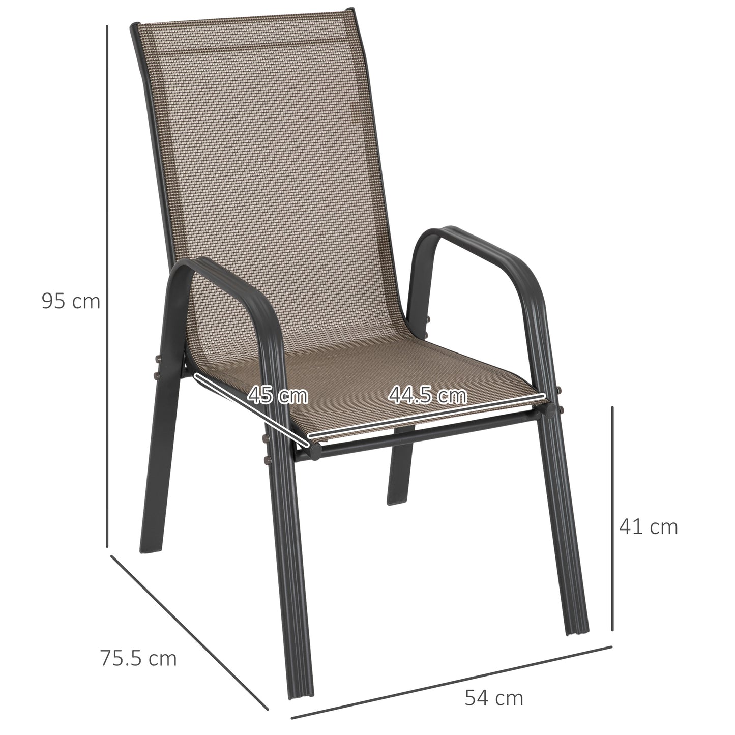 Outsunny 4 Pieces Garden Chairs, Stackable Outdoor Chairs with High Backrest and Armrest, Breathable Mesh Fabric Dining Chair Set of 4, Dark Grey