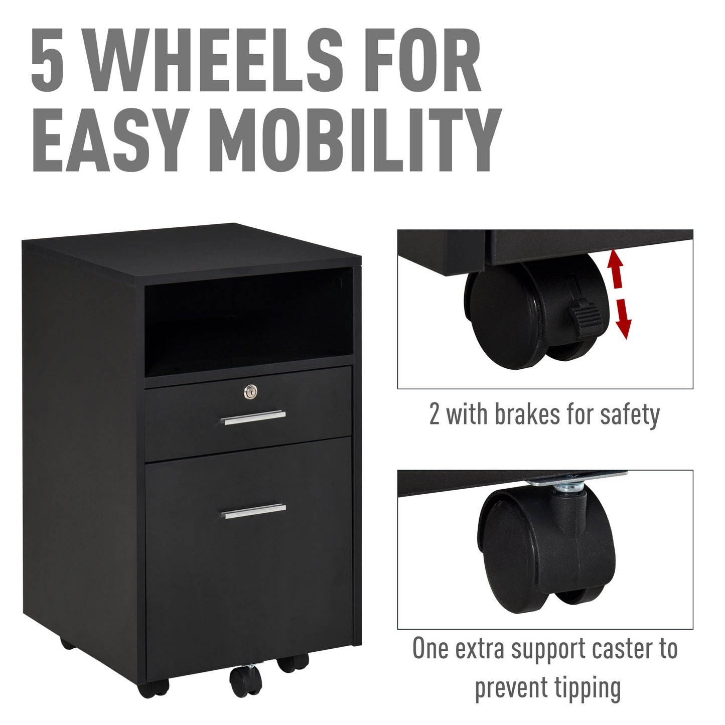 Vinsetto Mobile File Cabinet Home Filing Furniture with Lock, Drawers and Adjustable Partition for Office, Bedroom and Living Room, 38.8x40x60cm, Black Documents Storage