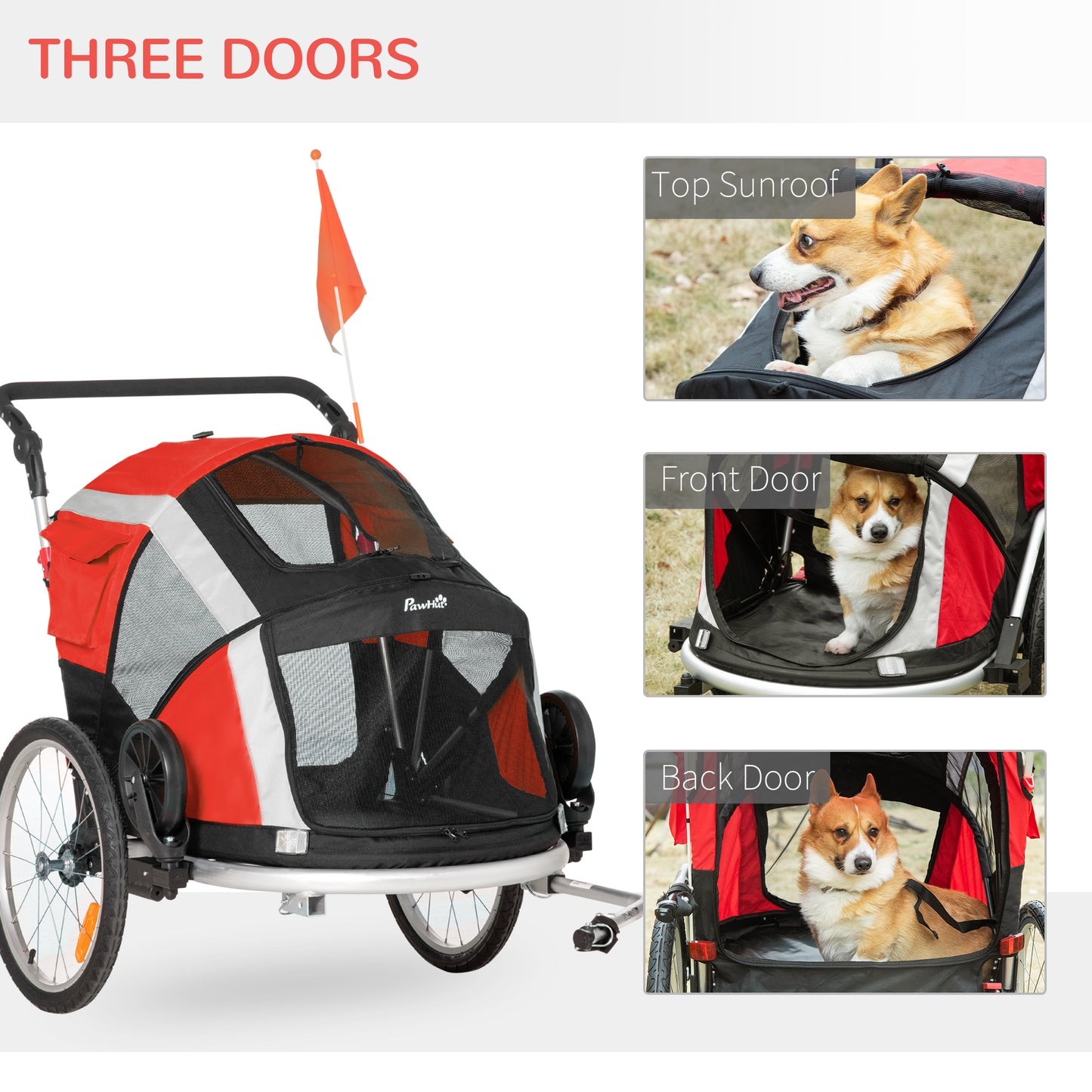 PawHut Dog Bike Trailer, 2-in-1 Foldable Pet Bike Trailer with Safety Tether, Flag for Small Cats, Puppies, Camping, Hiking, Red w/ Reflectors Puppy