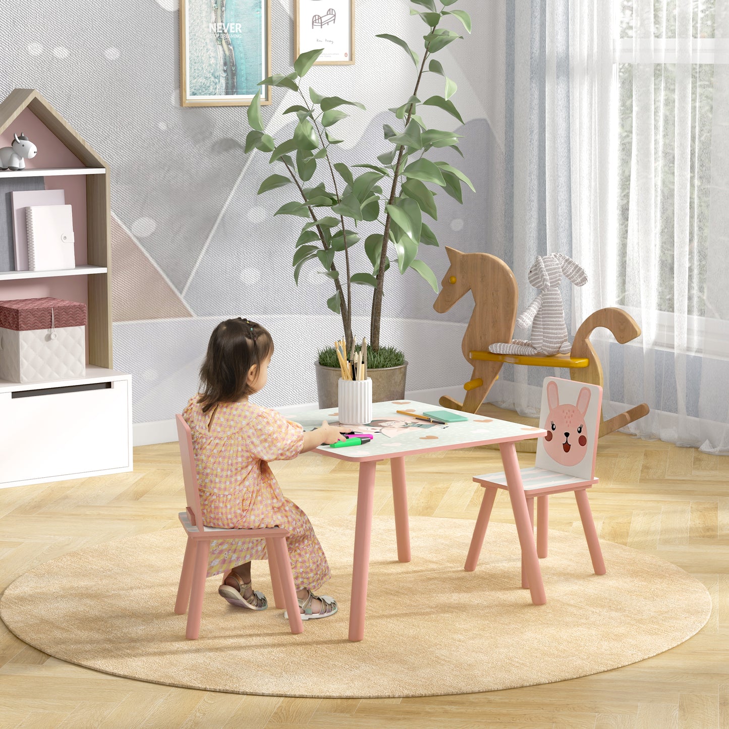ZONEKIZ Kids and Table Chairs Children Desk with Two Chairs Toddler Furniture Set for Ages 36 Years Pink