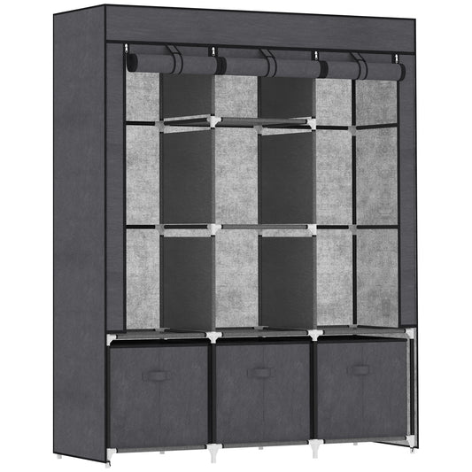 HOMCOM Fabric Wardrobe for Bedroom, Portable Wardrobe with 5 Shelves, 2 Hanging Rails and 3 Fabric Drawers, Foldable Closets, 125 x 43 x 162.5cm, Dark Grey