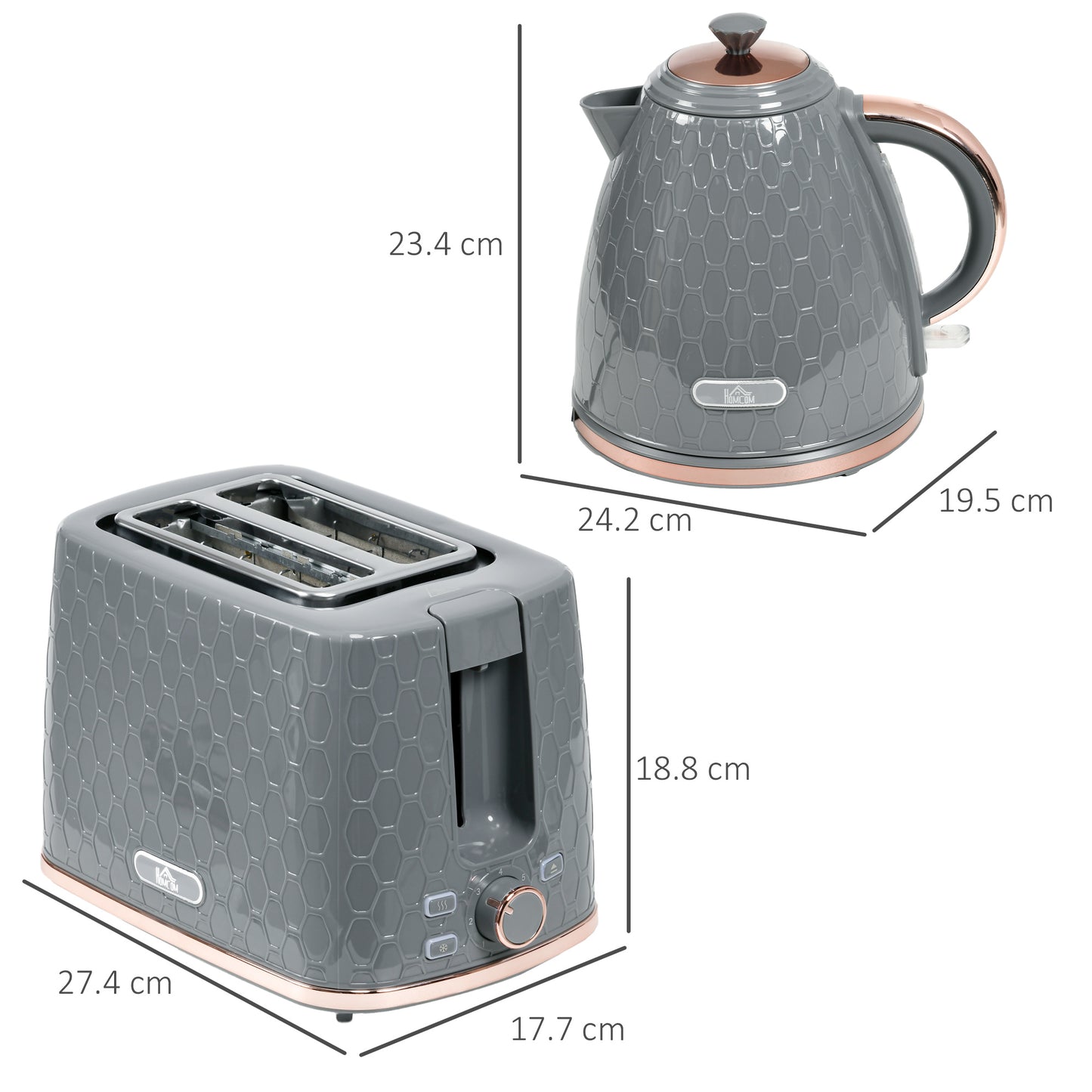 HOMCOM 1.7L 3000W Fast Boil Kettle & 2 Slice Toaster Set Kettle and Toaster Set with Auto Shut Off Browning Controls Grey