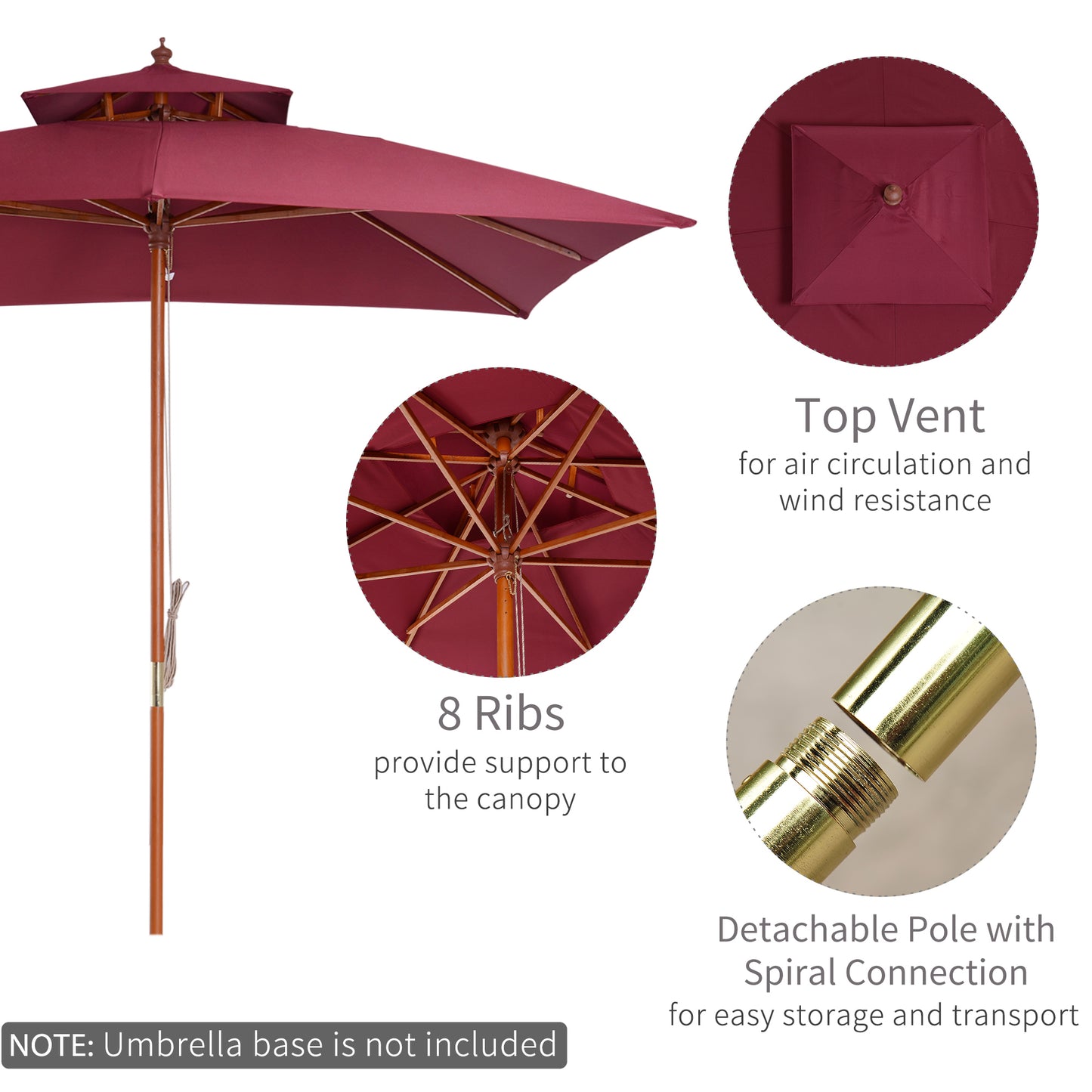 Outsunny 3m Patio Sun Umbrella Wooden Parasol Canopy 2 Tier Waterproof Wine Beach Bistro Shade-Wine Red