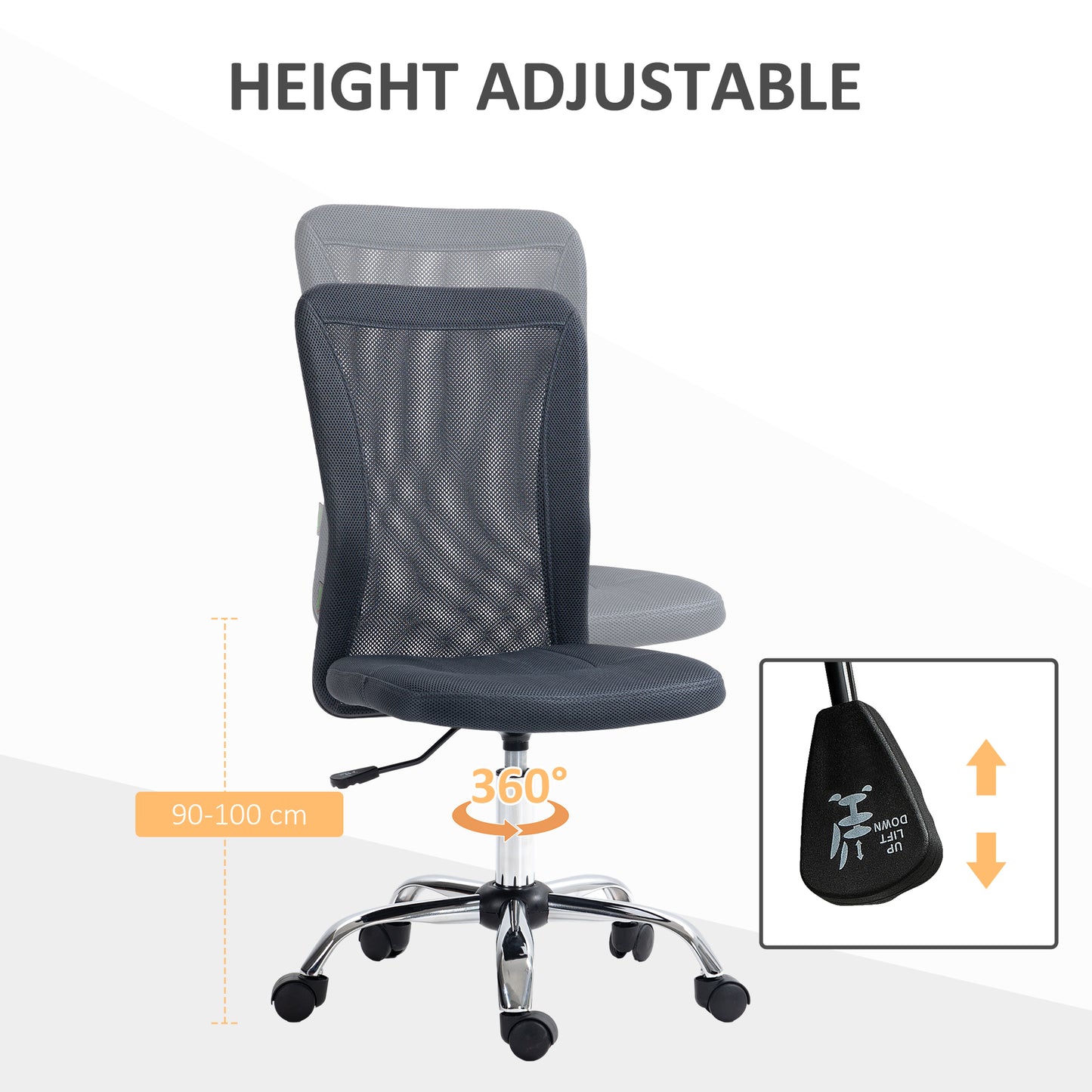 Vinsetto Computer Desk Chair Mesh Office Chair with Adjustable Height and Swivel Wheels Armless Study Chair Dark Grey