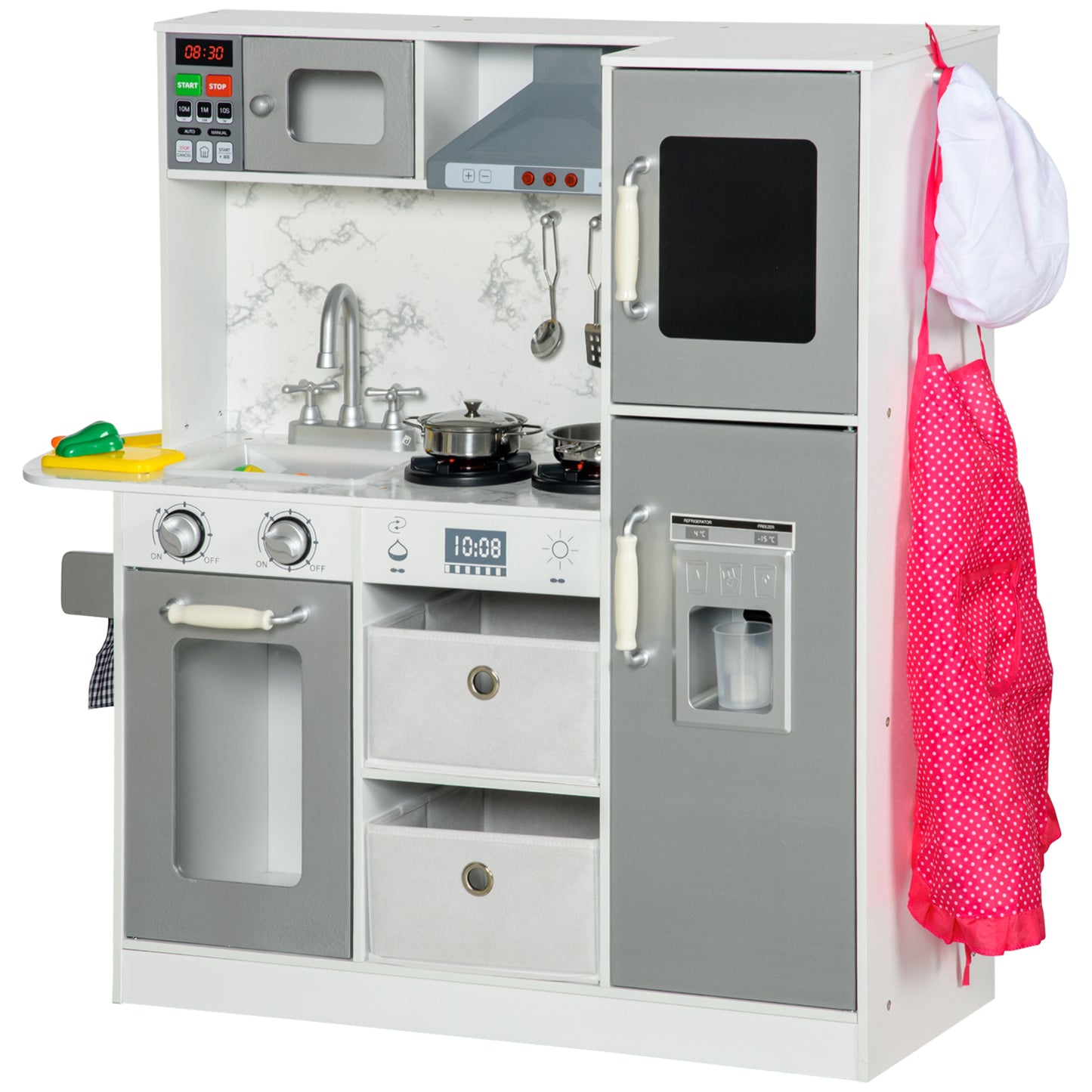 AIYAPLAY Toy Kitchen with Lights Sounds Apron and Chef Hat Ice Maker Microwave for Ages 36 Years White