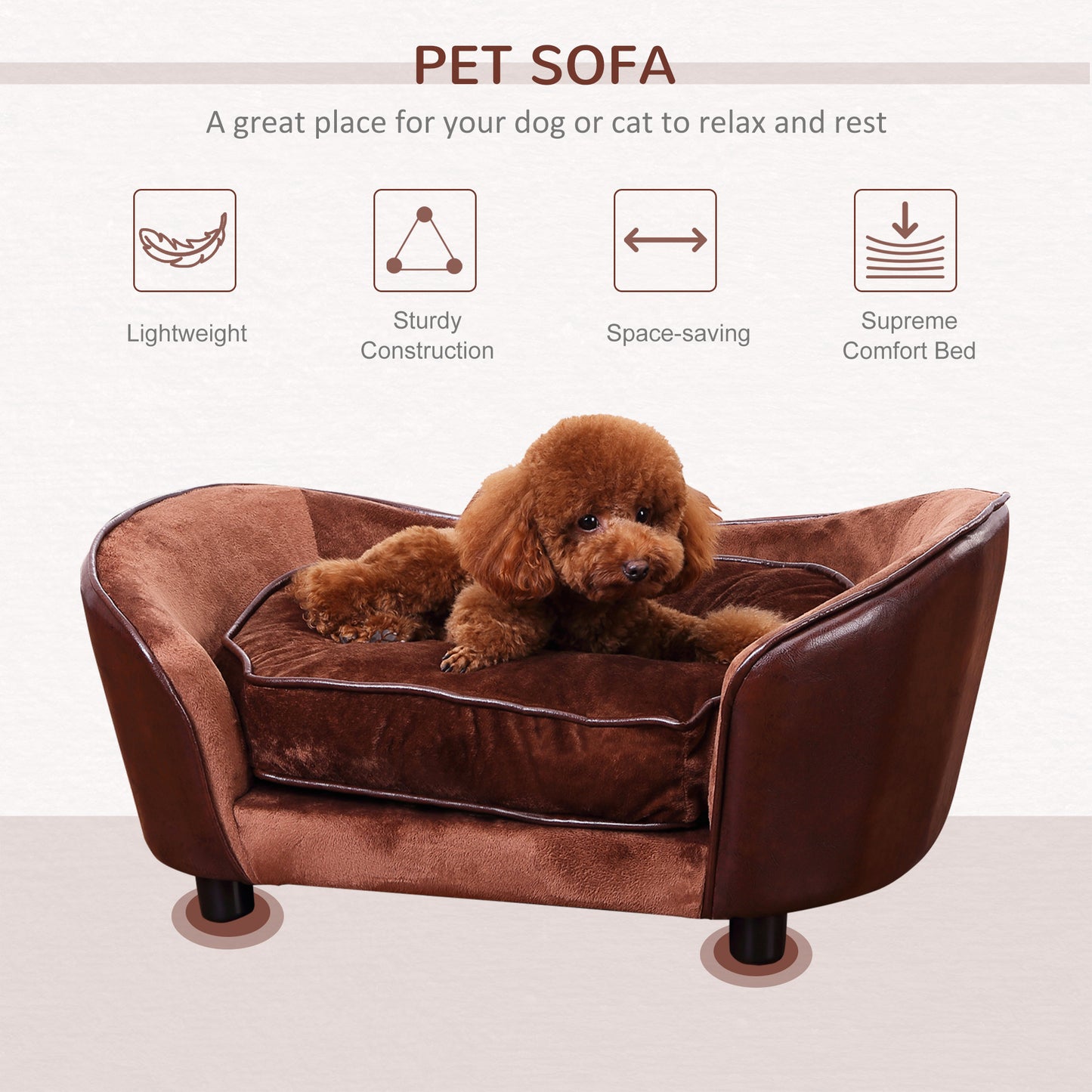 PawHut Dog Sofa Chair with Legs, Pet Couch with Soft Cushion for Small Dogs Cats, Brown, 78 x 57 x 35.5 cm