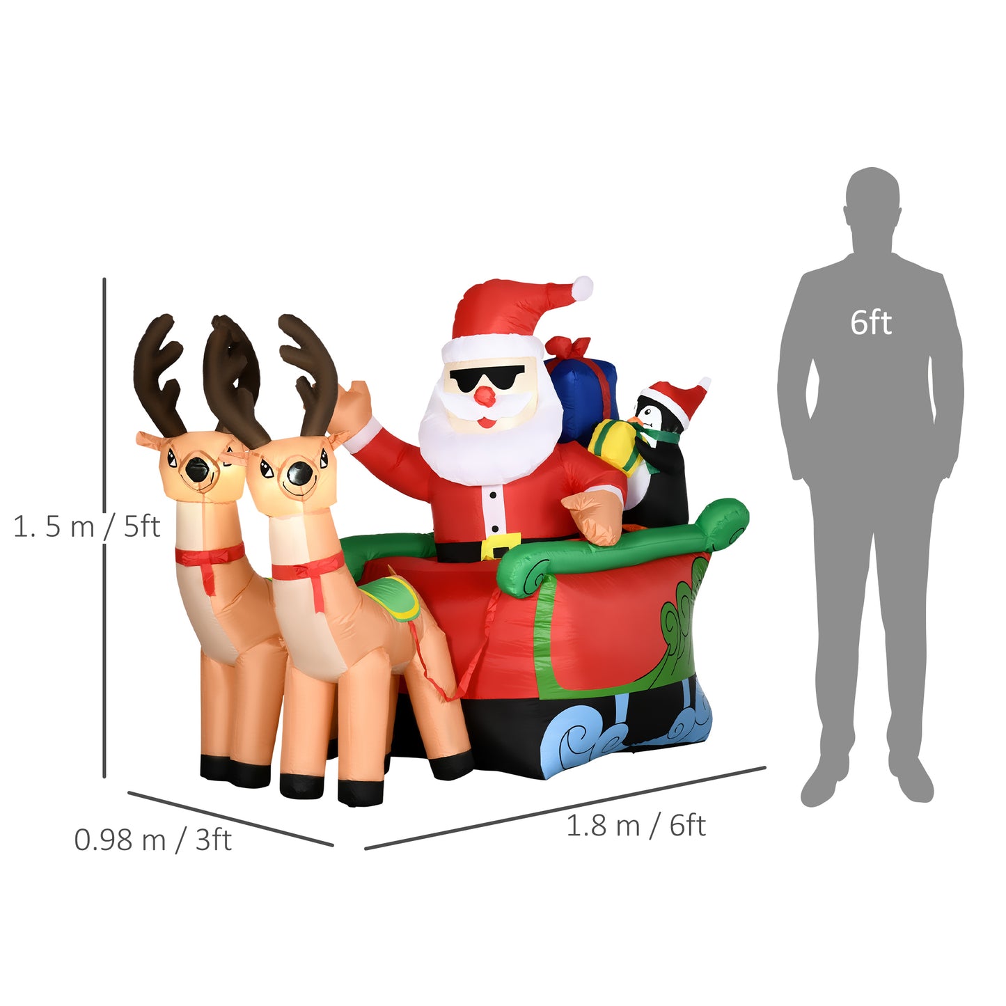 Outsunny 6ft Inflatable Christmas Santa Claus and Penguin on Sleigh with 2 Reindeer
