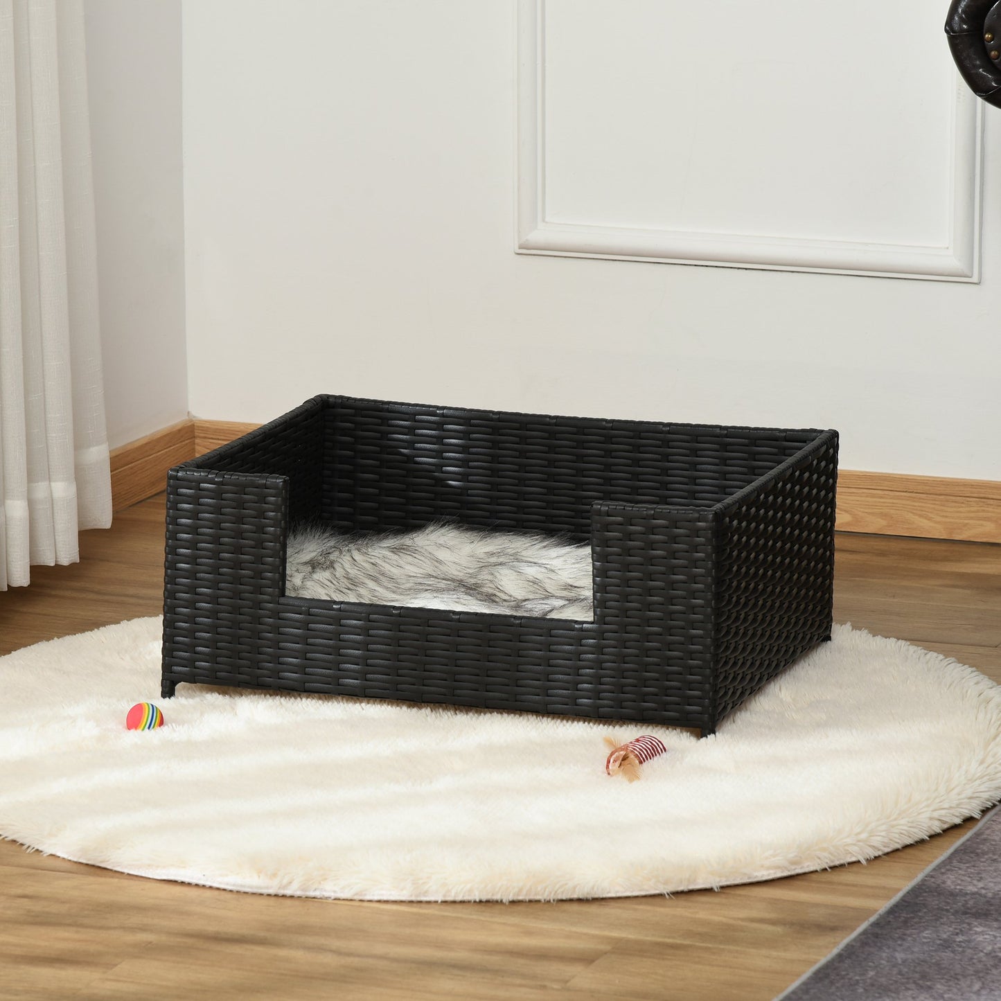 PawHut Rattan Dog Cat Bed Four Feet Pet House Hand-knitted Metal Small Animal Sofa Rattan with Soft Machine Washable Cushion Indoor Black 61L x 46W x 27H cm Use