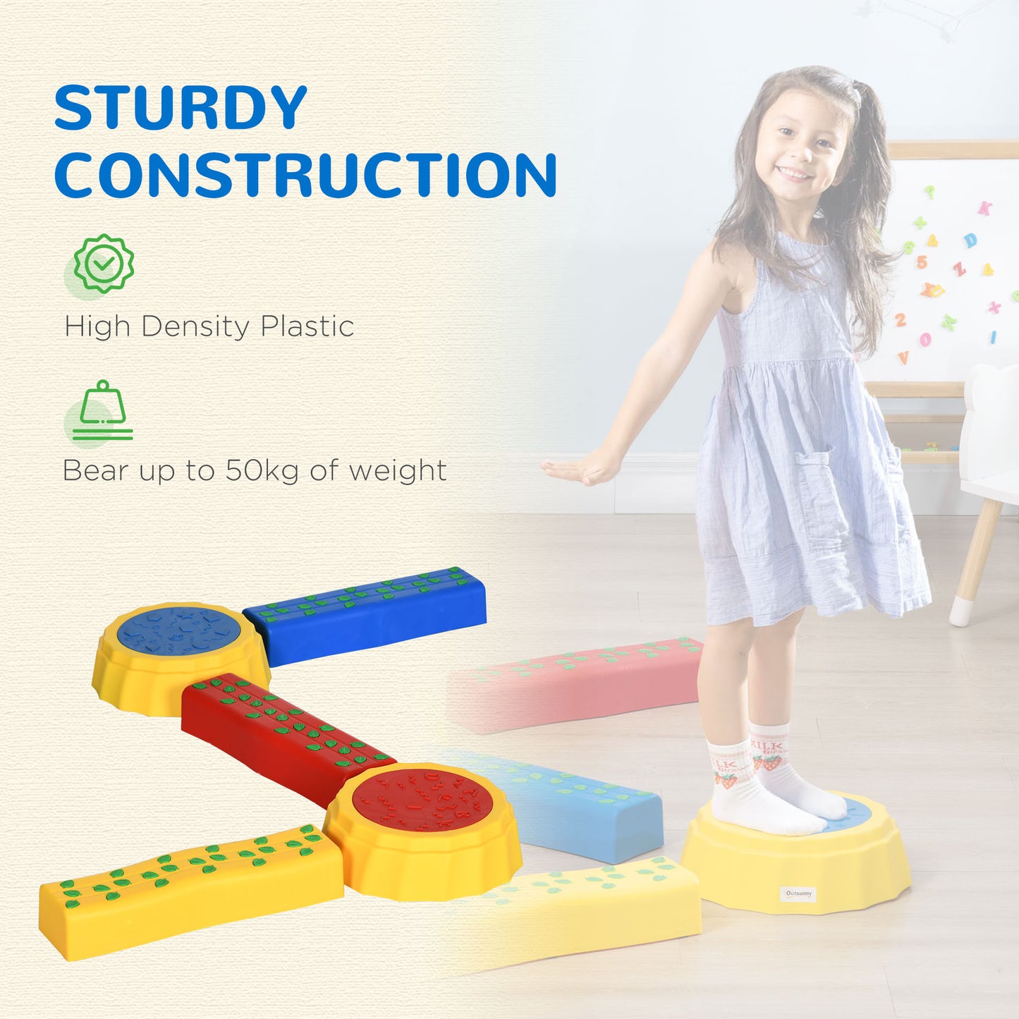 Outsunny 5pcs Kids Balance Beam, Balance Bridge with Non-slip Surface & Bottom, Multicoloured