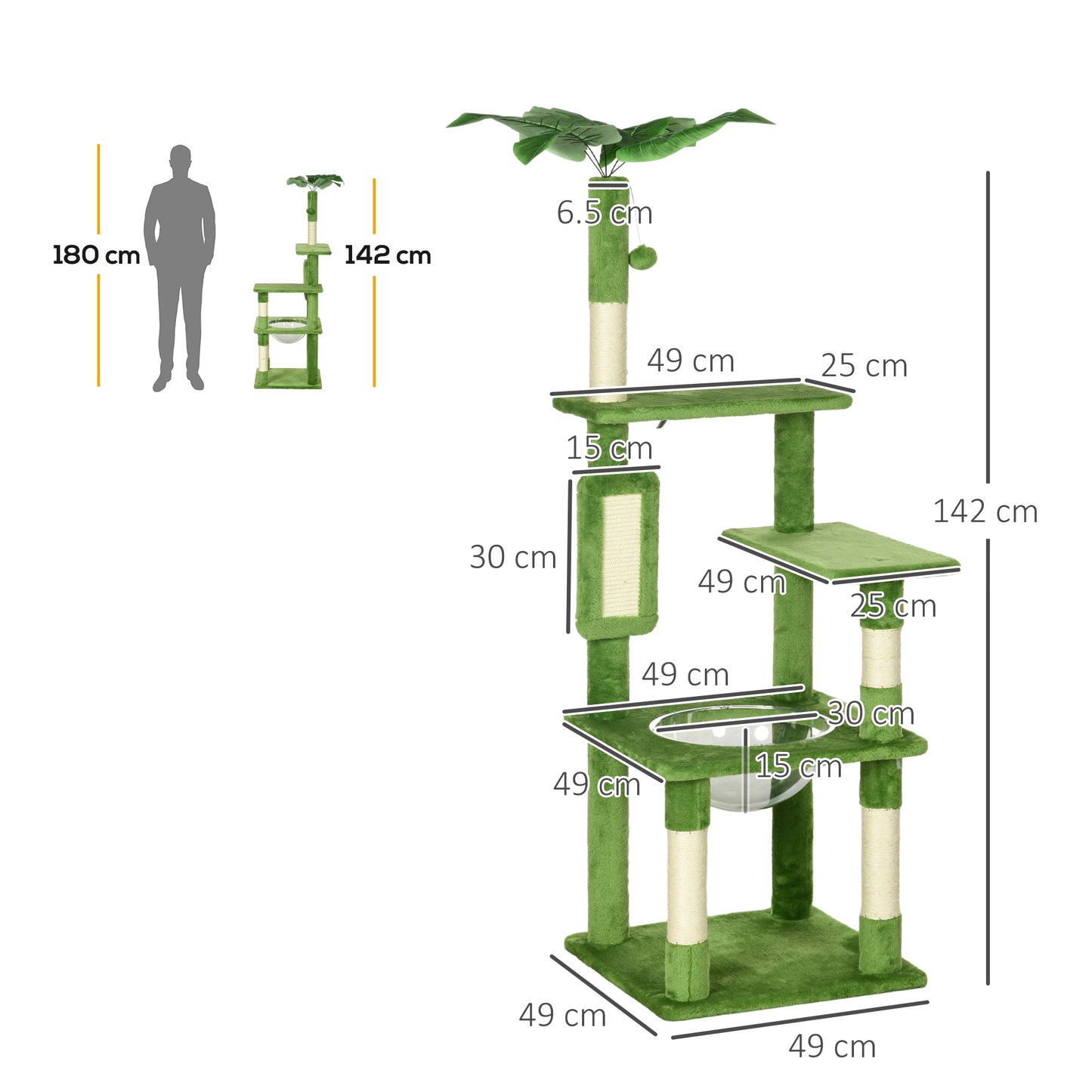 PawHut 142cm Cat Tree Tower with Scratching Post Hammock Toy Ball Platforms Green