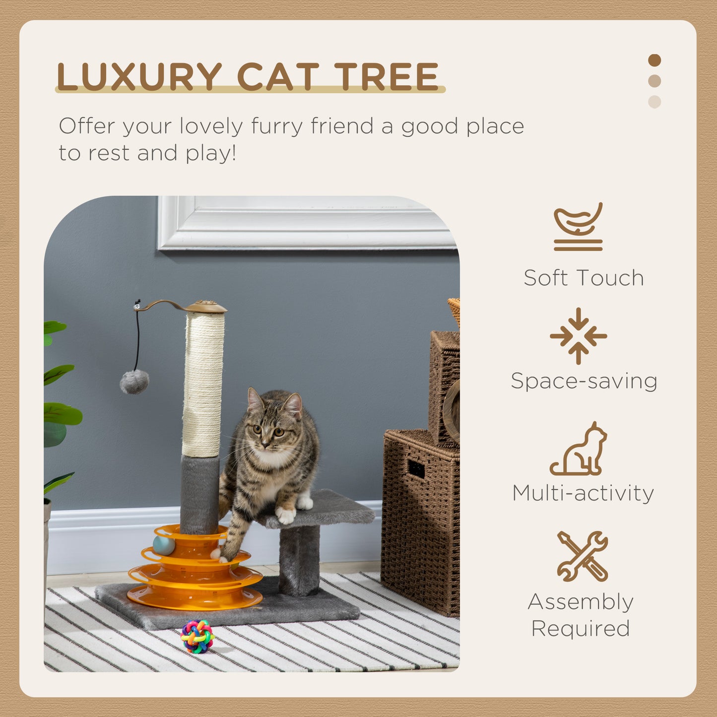 PawHut CatÂ TreeÂ TowerÂ ActivityÂ CenterÂ ClimbingÂ StandÂ KittenÂ HouseÂ FurnitureÂ withÂ ScratchingÂ PostsÂ Toy abdÂ PerchÂ 56cmÂ Grey