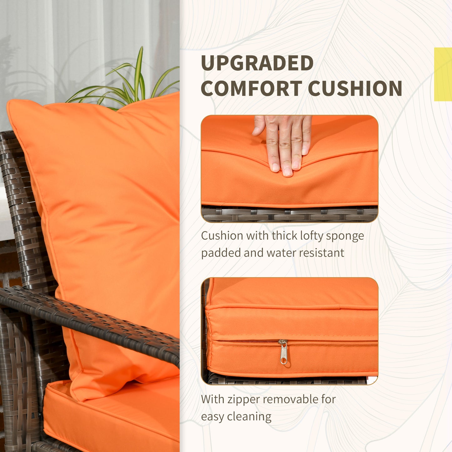 Outsunny 3 pcs PE Rattan Wicker Garden Furniture Patio Bistro Set Weave Conservatory Sofa Storage Table and Chairs Set Orange Cushion, Mixed Grey