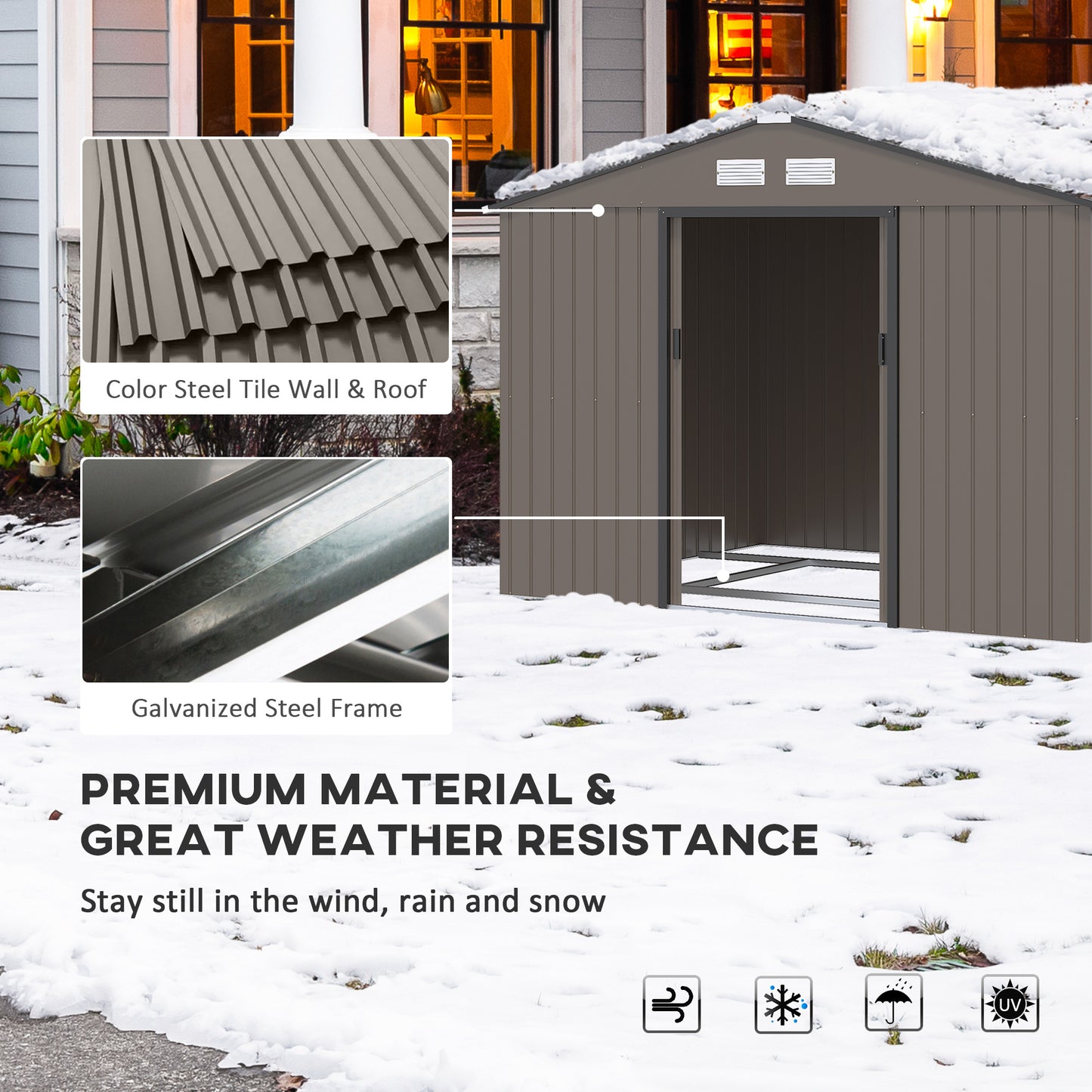 Outsunny 9 x 6ft Metal Garden Shed, with Double Door - Brown