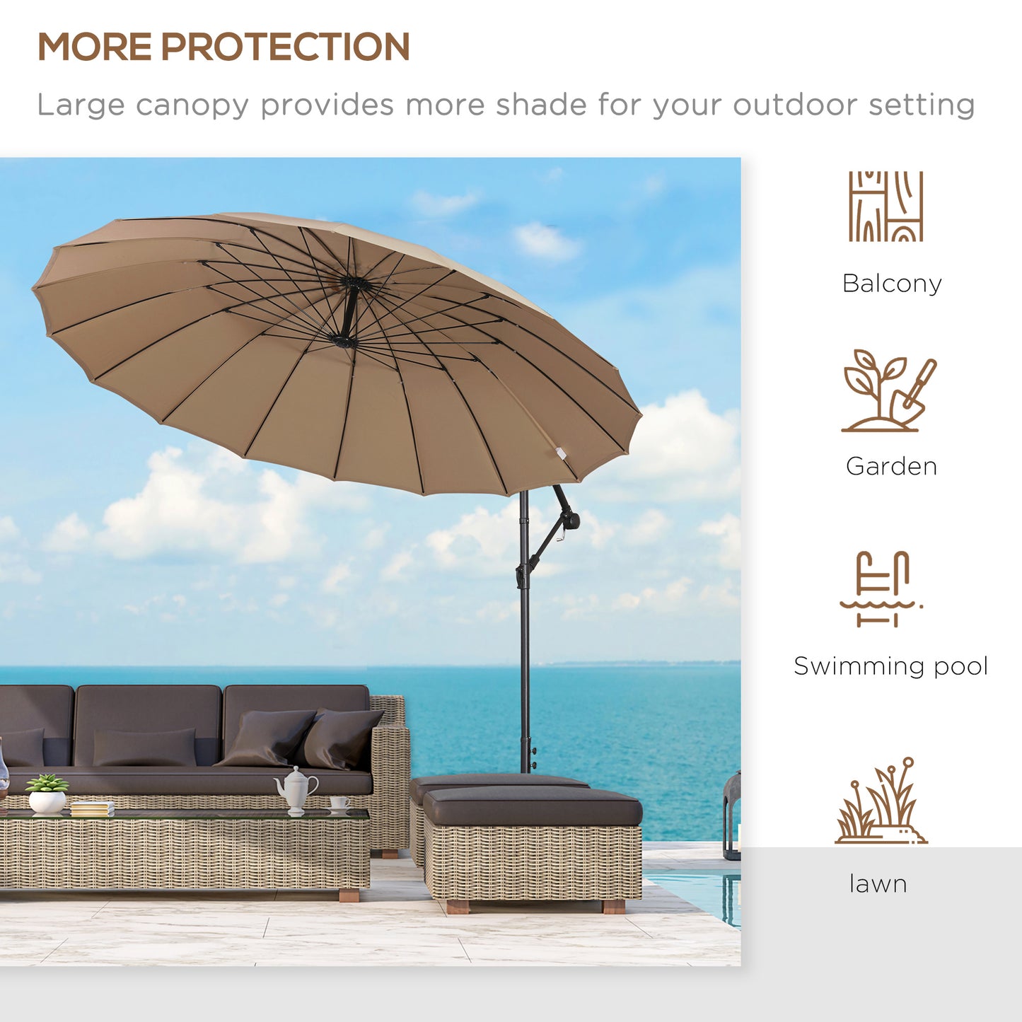 Outsunny 3(m) Cantilever Sun Umbrella Outdoor Market Table Parasol w/ 18 Sturdy Ribs Cross Base for Garden Lawn Pool Khaki & Vents Adjustable Angle Patio
