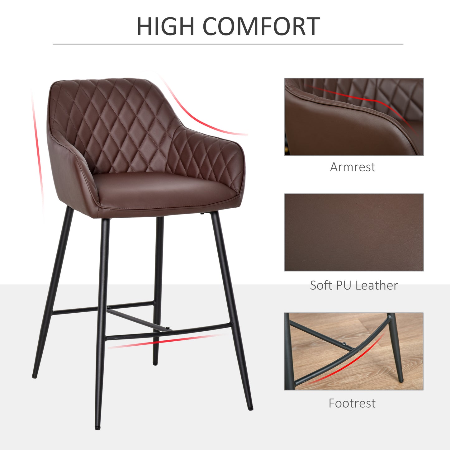 HOMCOM Set of 2 Bar stools Retro PU Leather Bar Chairs w/ Footrest Metal Frame Comfort Support Stylish Dining Seating Home Brown