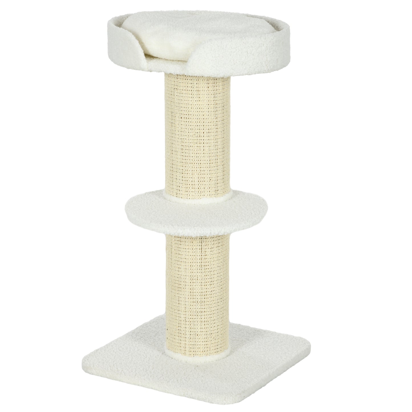 PawHut 2 Tier Sisal Sherpa Cat Tree with Basket Cushion Sisal Post Cream White