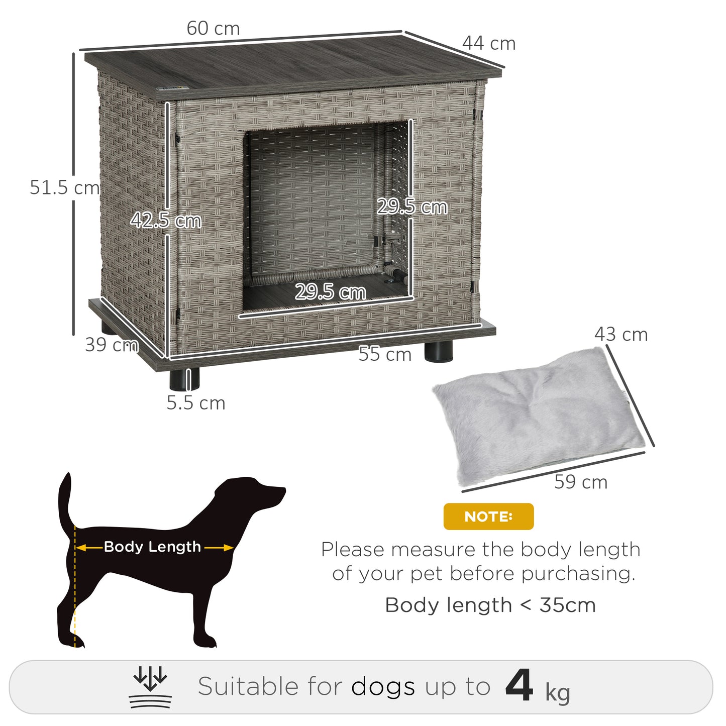 PawHut Wicker Dog House Rattan Pet Bed End Table Furniture with Soft Cushion Adjustable Feet for X-Small Dogs, Grey