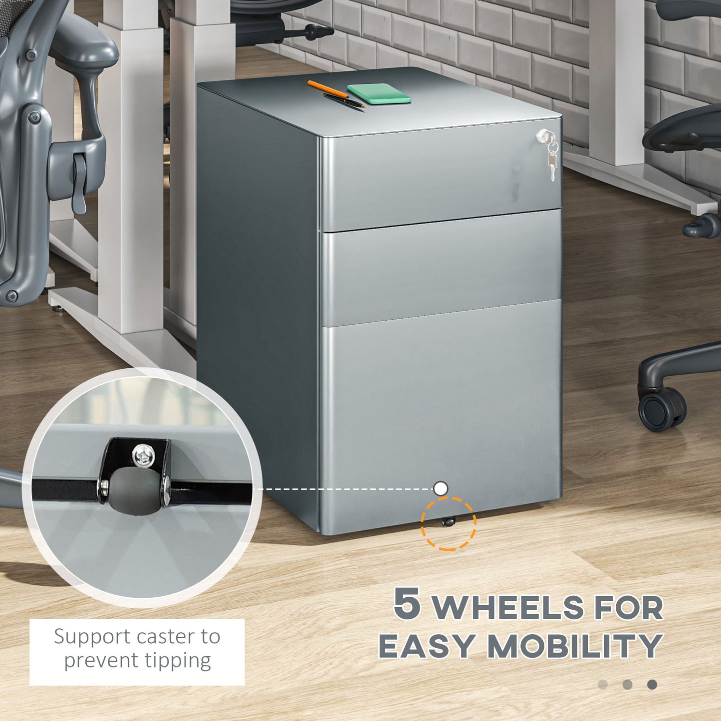 Vinsetto Lockable Cabinet Rolling Filing Cabinet with 3 Drawers Steel Office Drawer Unit for A4 Letter Legal Sized Files