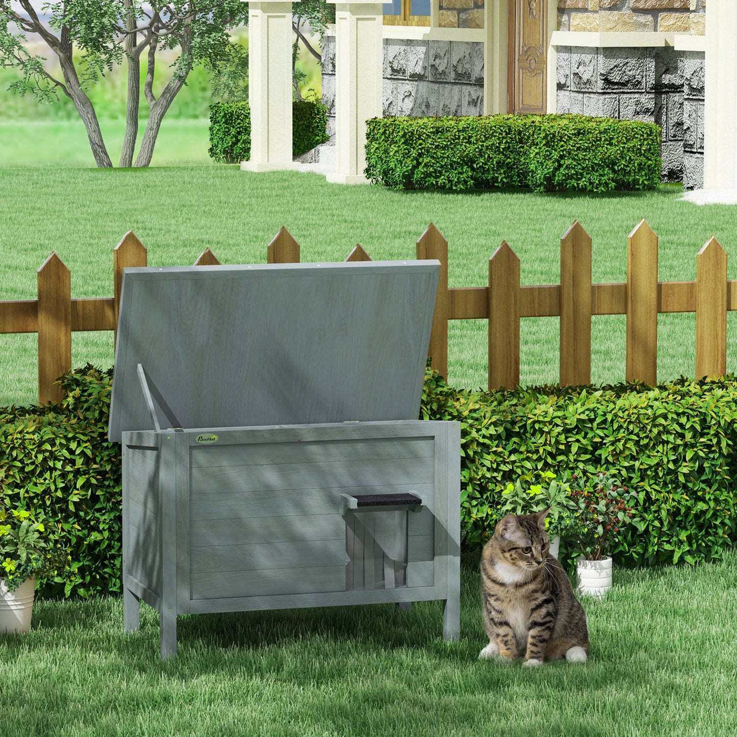 PawHut Feral Cat House Wooden Insulated with Removable Floor, Waterproof Openable Roof Charcoal Grey