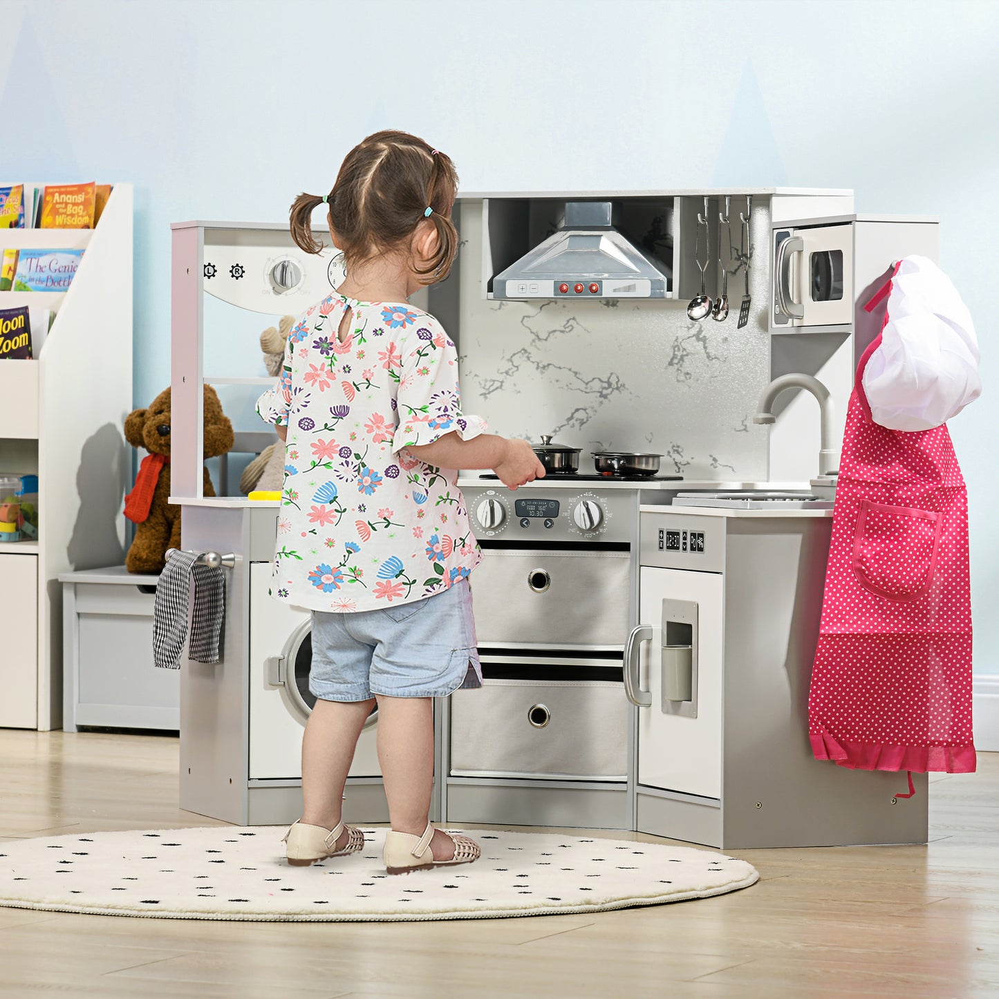 AIYAPLAY Toy Kitchen with Running Water Lights Sounds Apron and Chef Hat Water Dispenser for Ages 36 Years Grey