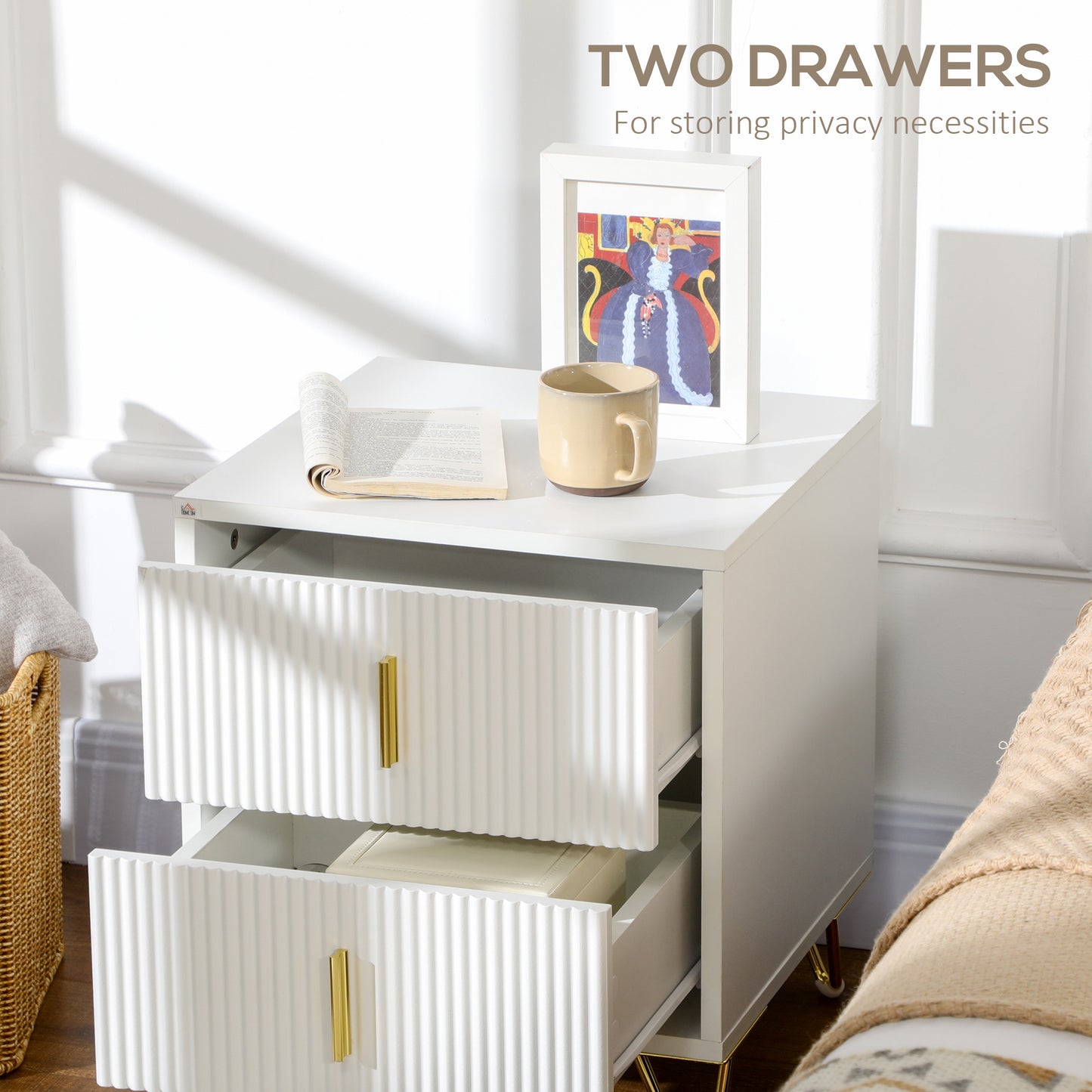 HOMCOM Ribbed Drawer Bedside Table, with Hairpin Legs - White