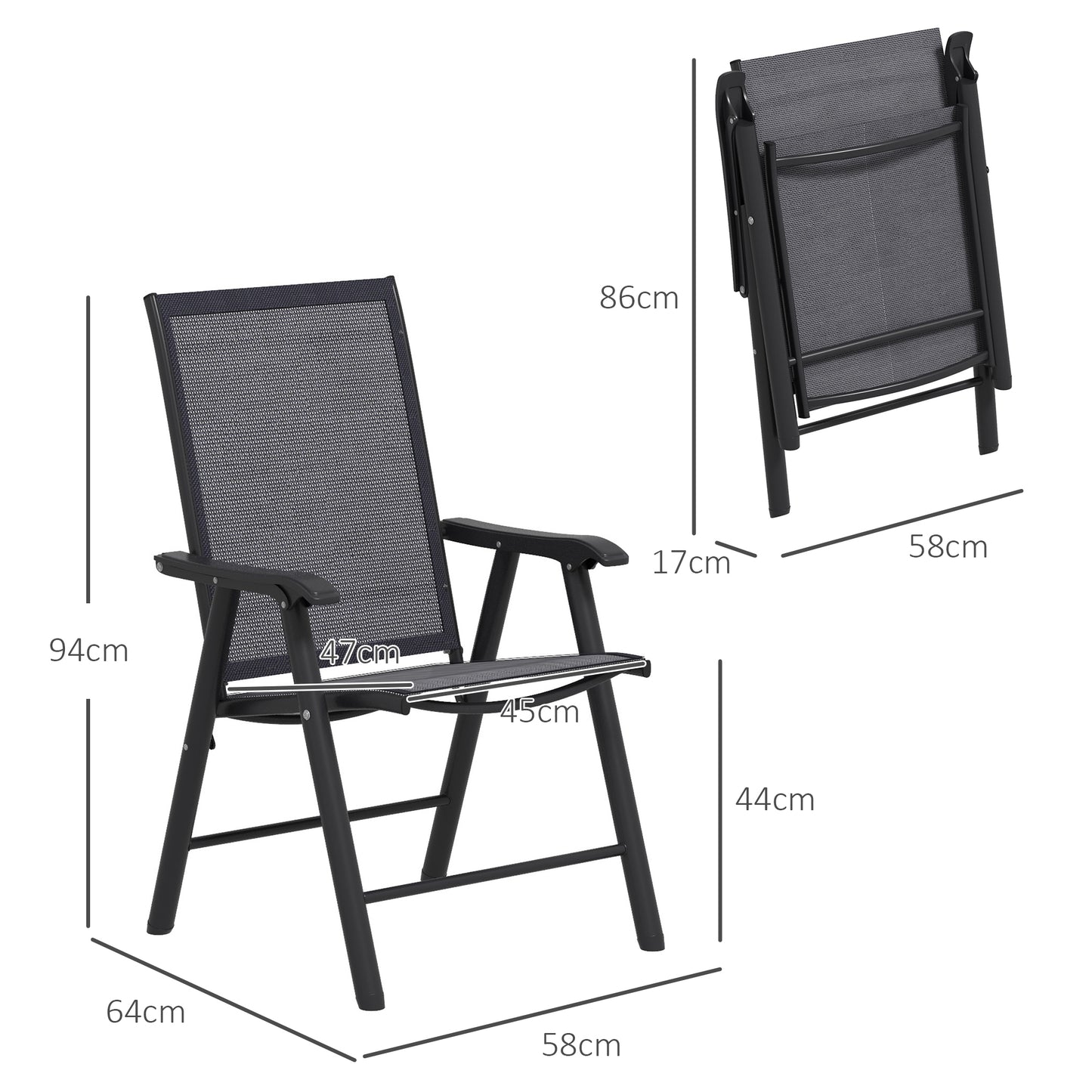Outsunny Set of 2 Foldable Metal Garden Chairs Outdoor Patio Park Dining Seat Yard Furniture Dark Grey