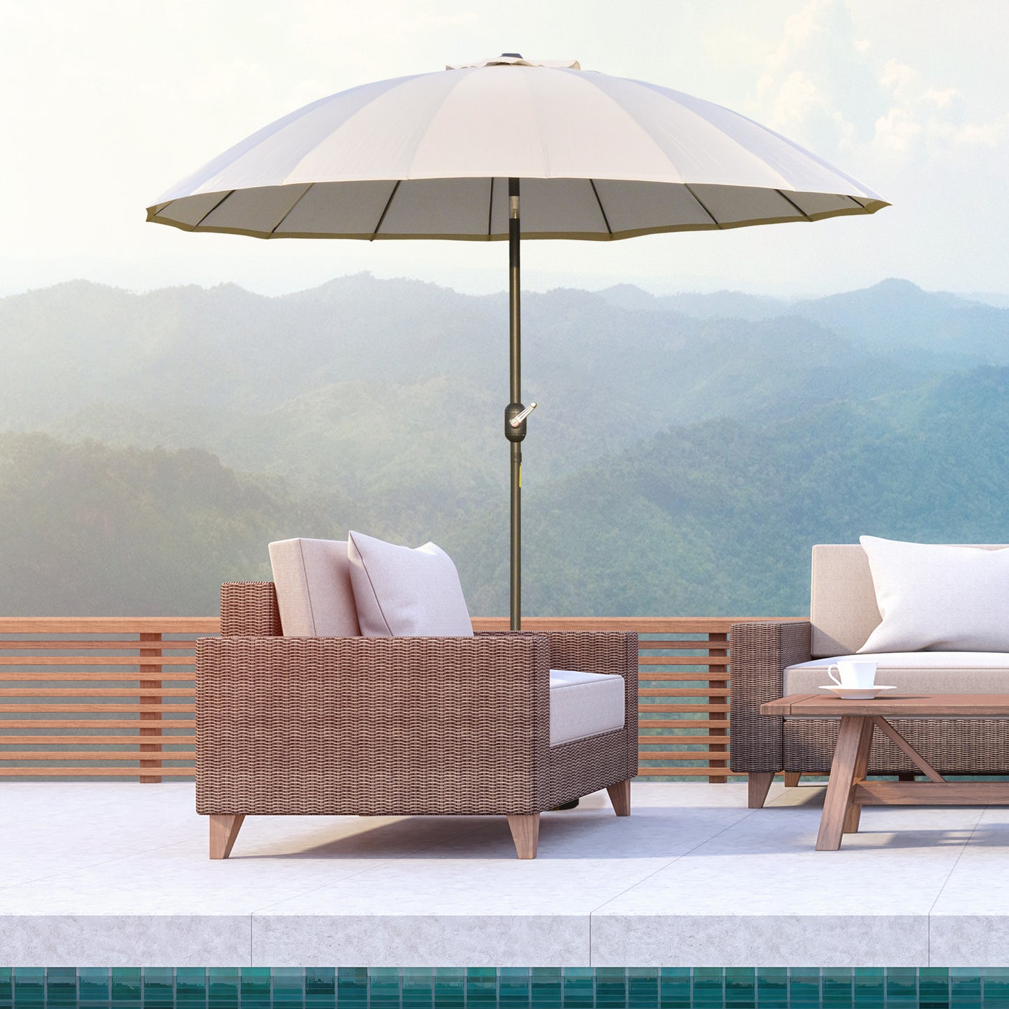 Outsunny Ф255cm Patio Parasol Umbrella Outdoor Market Table Parasol with Push Button Tilt Crank and 18 Sturdy Ribs for Garden Lawn Backyard Pool Crema White Adjustable Angle Detachable Structure