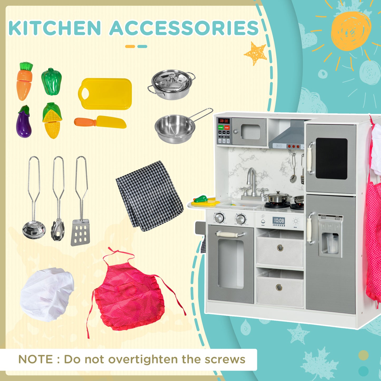 AIYAPLAY Toy Kitchen with Lights Sounds Apron and Chef Hat Ice Maker Microwave for Ages 36 Years White