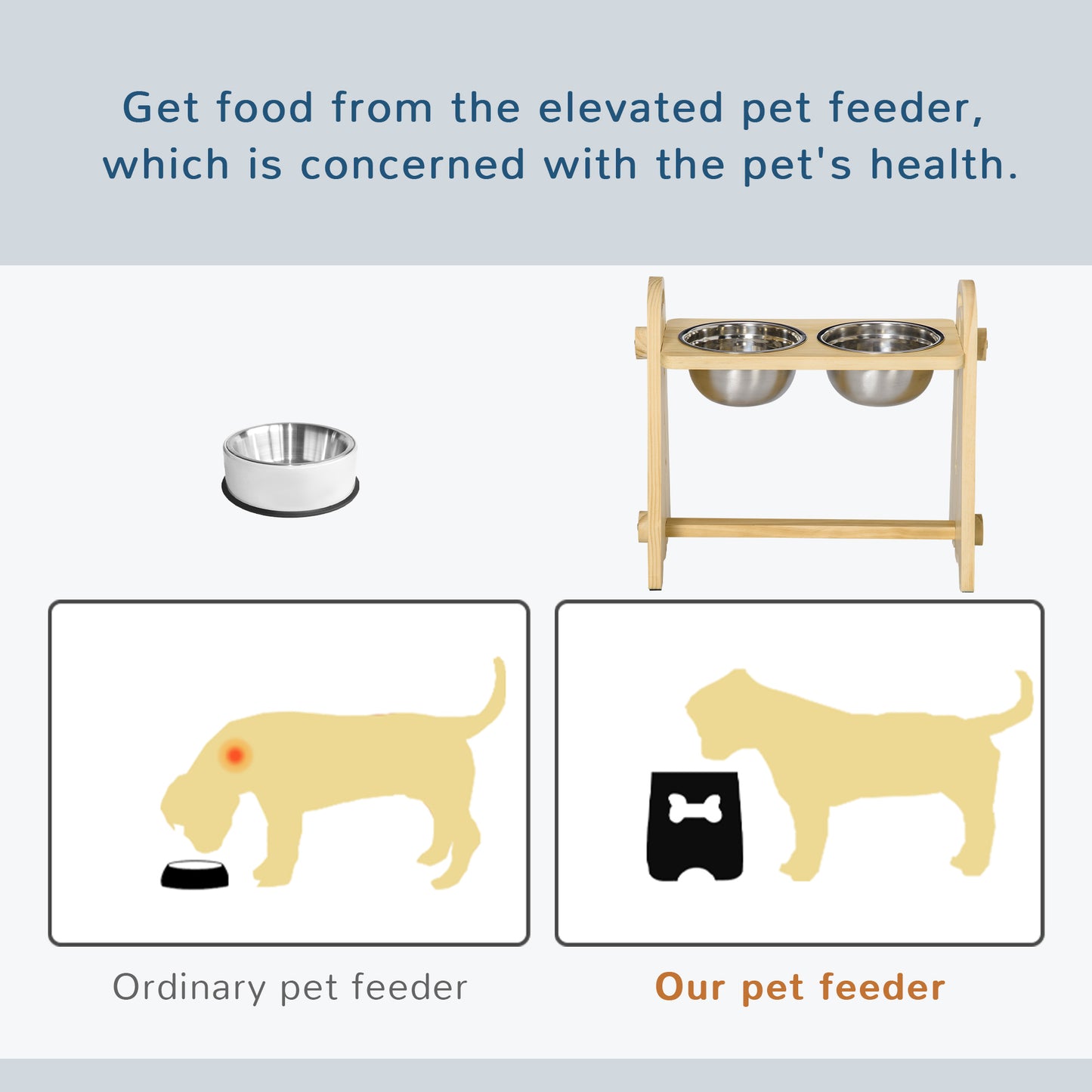 PawHut Raised Dog Bowls with Stand Adjustable Raised Pet Feeder with 2 Removable Stainless Steel Bowls for S, M, L, XL  Dogs, Natural