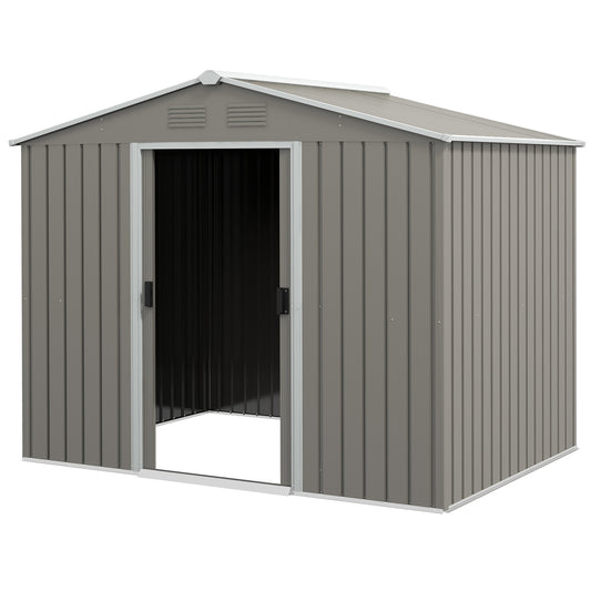 Outsunny 8 x 6ft Outdoor Garden Storage Shed Metal Tool House with Ventilation and Sliding Doors Light Grey