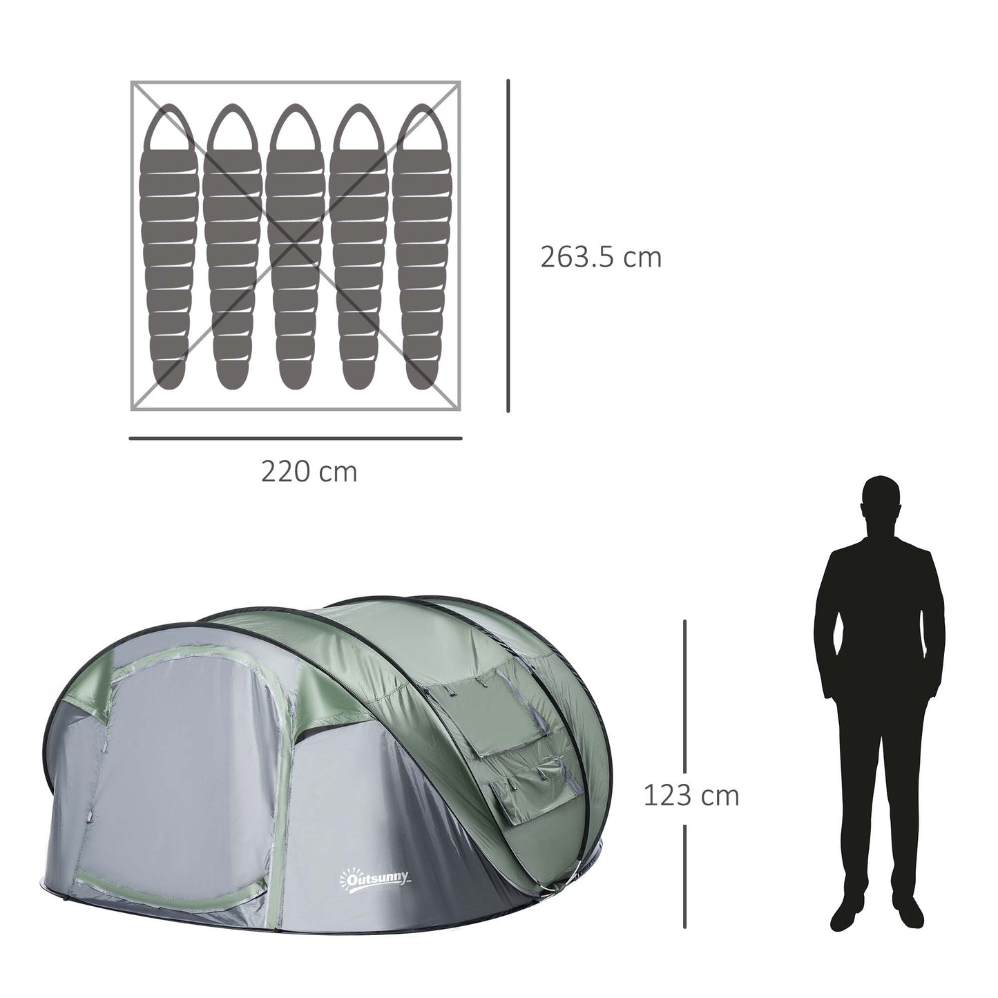 Outsunny 4-5 Person Pop-up Camping Tent Waterproof Family Tent Grey