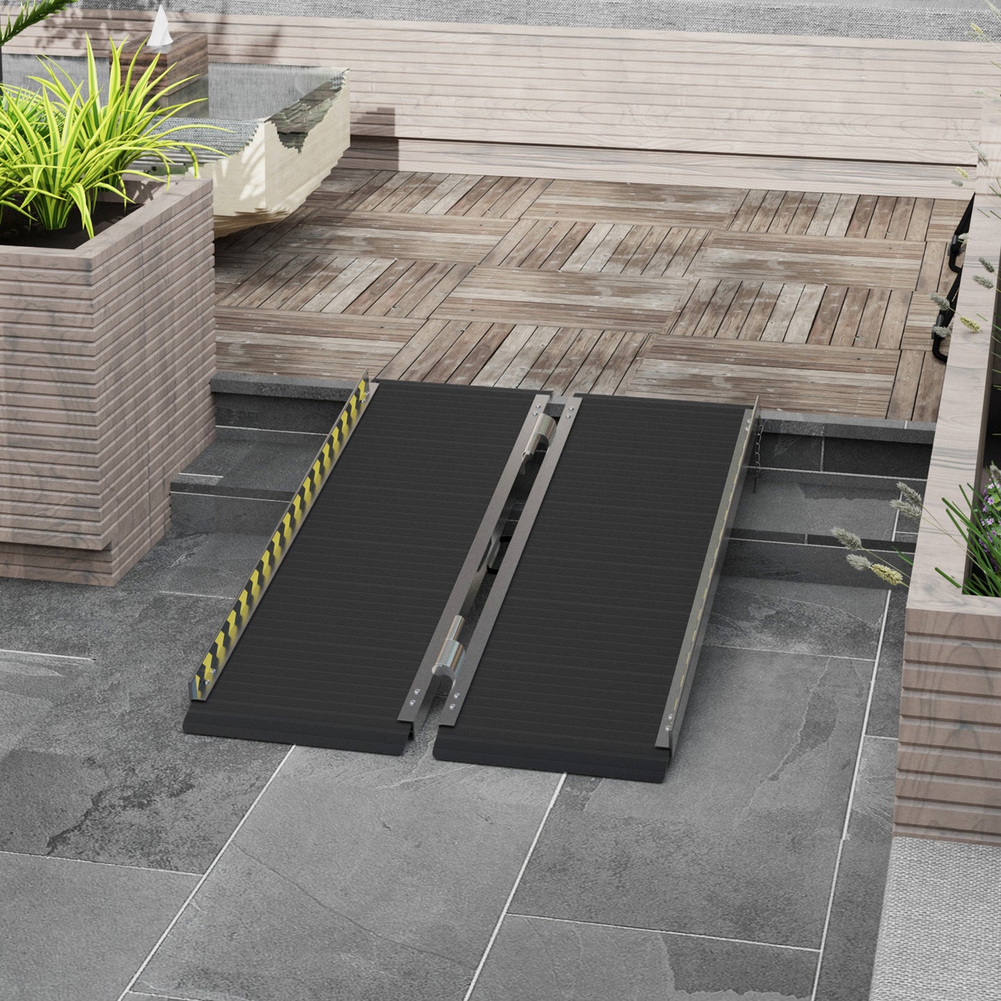 HOMCOM Wheelchair Ramp 122L x 73Wcm 272KG Capacity Folding Aluminium Threshold Ramp with NonSkid Surface Transition Plates Above and Below for Home Steps Stairs Curbs Doorways