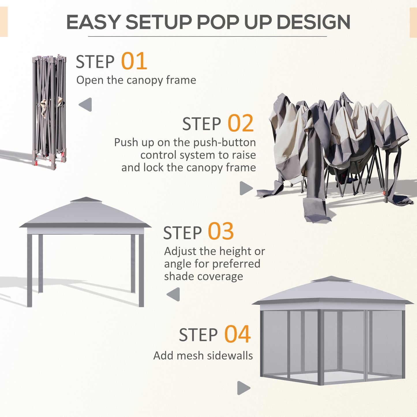Outsunny 3.3m x 3.3m Pop-Up Gazebo, with Adjustable Frame - Grey