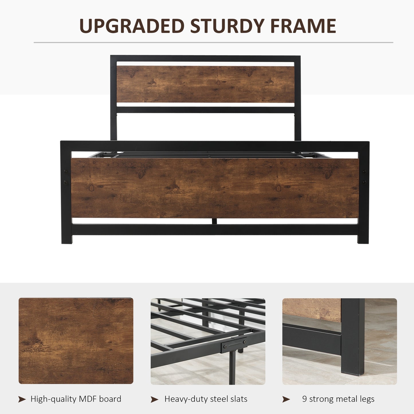 HOMCOM Full Bed Frame with Headboard & Footboard, Strong Slat Support Twin Size Metal Bed w/ Underbed Storage Space, No Box Spring Needed, 144x195x103cm Headboard, Needed